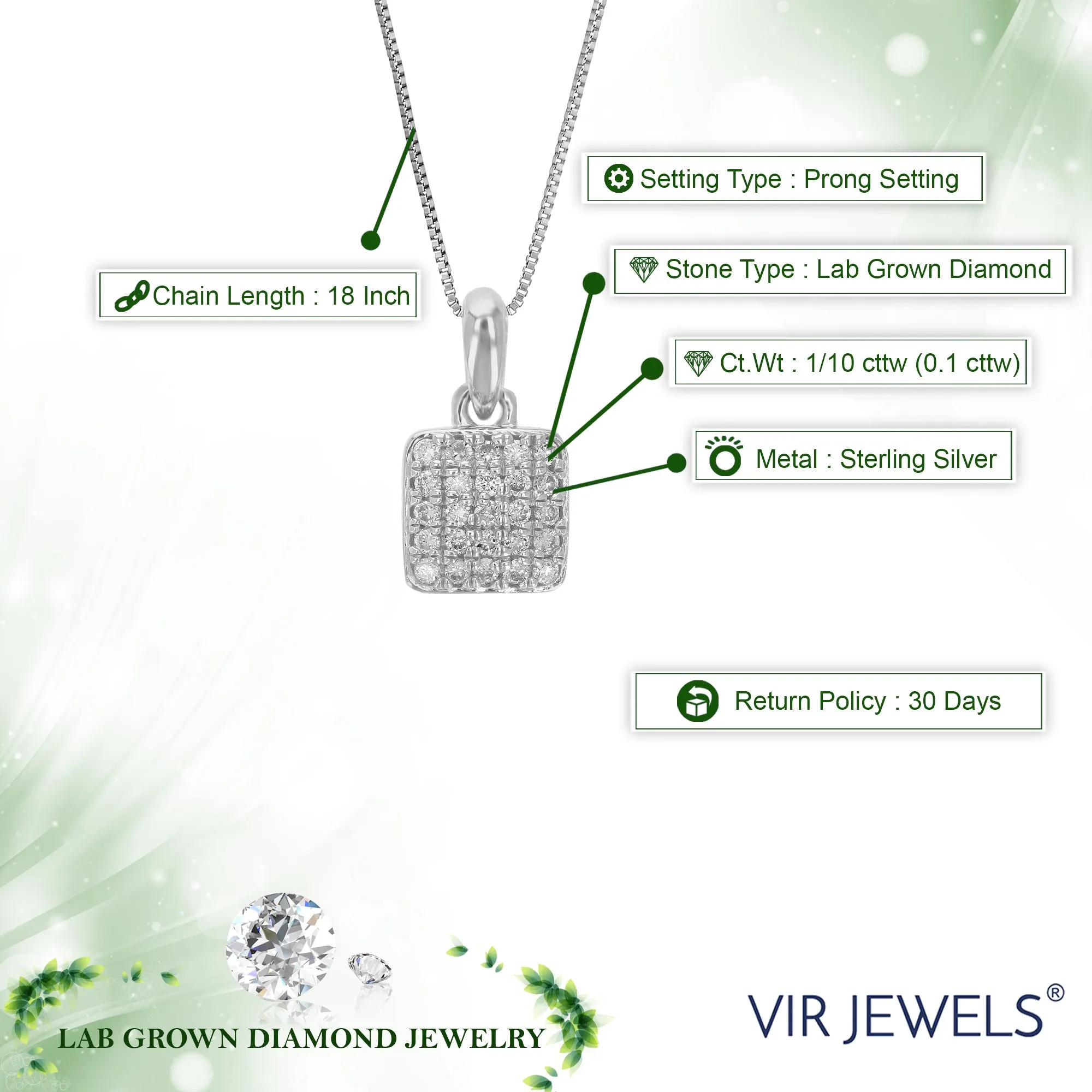 1/10 cttw Lab Grown Diamond Cushion Cluster Pendant in Silver