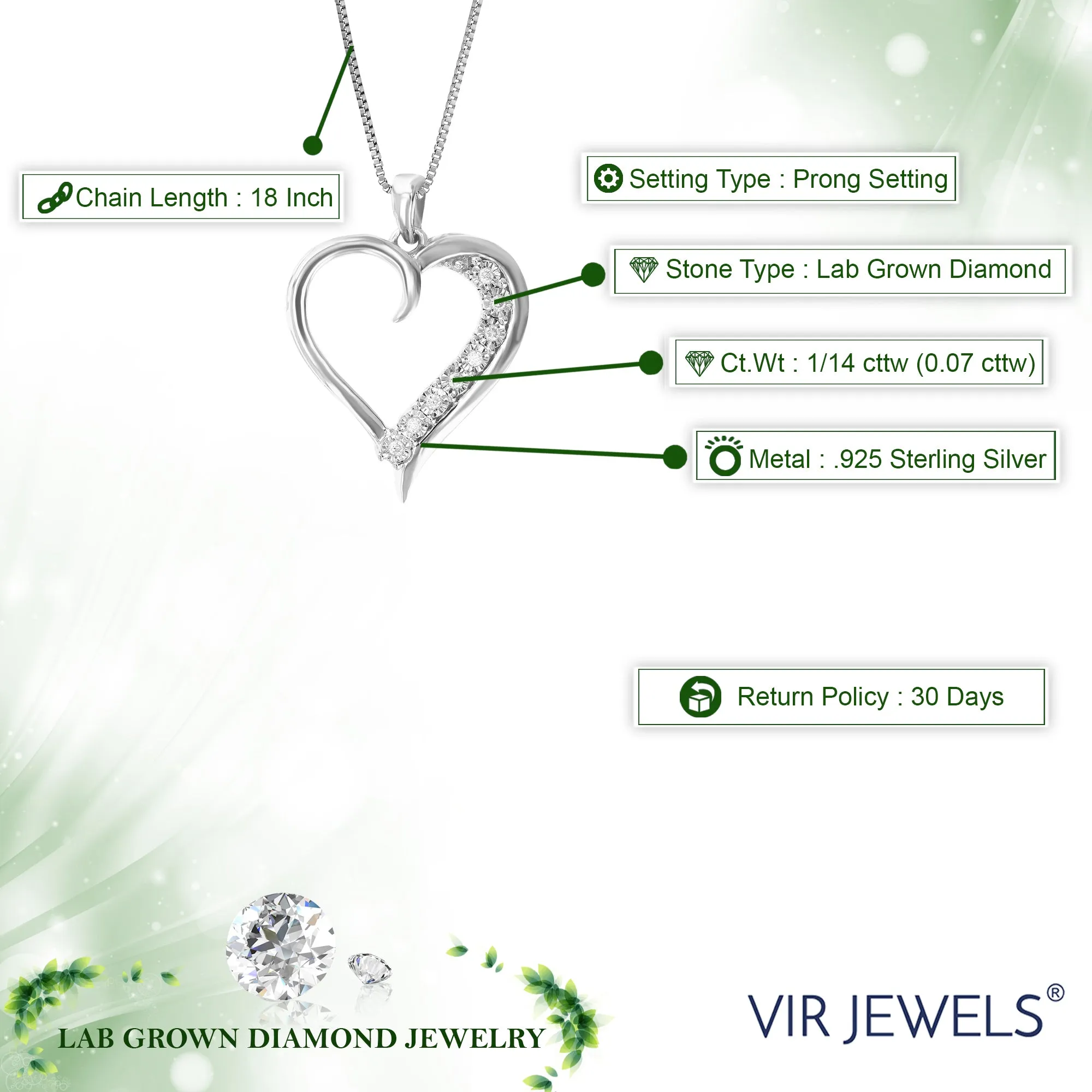 1/14 cttw Lab Grown Diamond Heart Love Pendant in Sterling Silver
