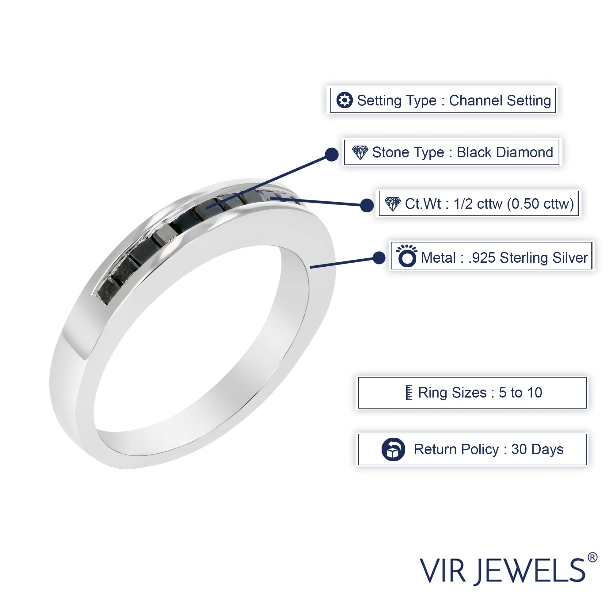 1/2 cttw Black Princess Diamond Wedding Band in Sterling Silver
