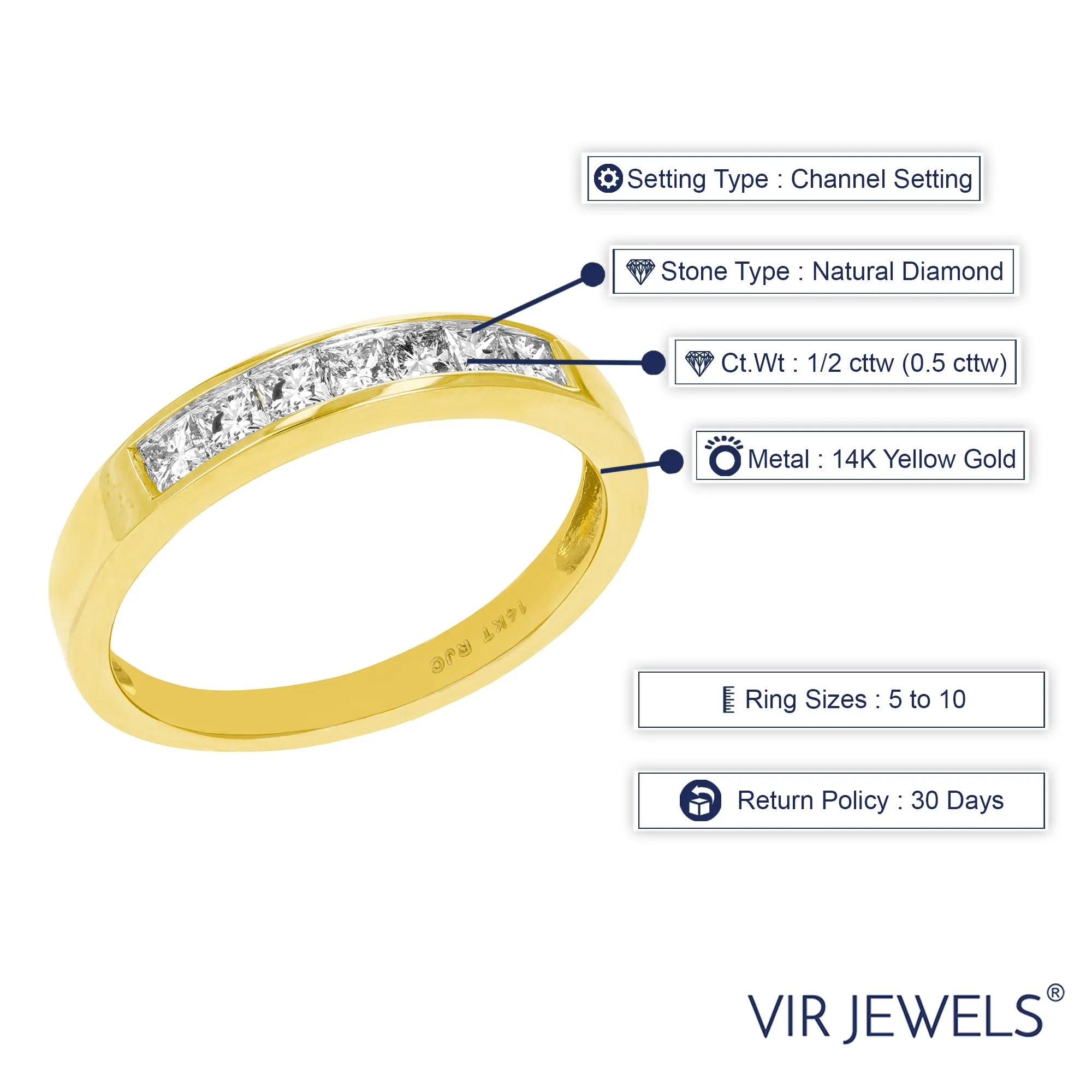 1/2 cttw Princess cut Diamond Wedding Band in 14K Yellow Gold