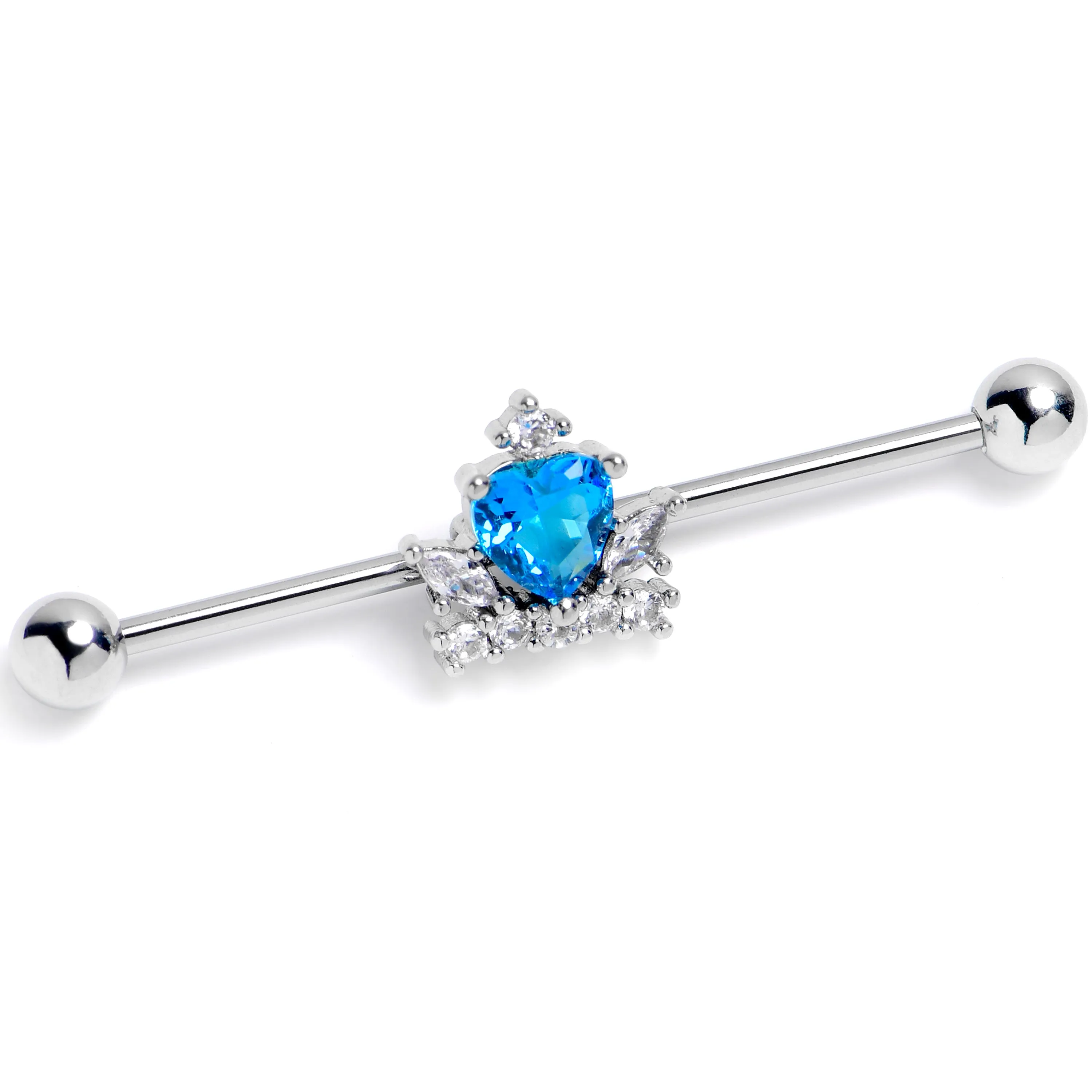 14 Gauge Blue Clear Gem Heart Crown Industrial Barbell 38mm