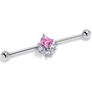 14 Gauge Pink CZ Gem Rhombus Riot Industrial Barbell 38mm