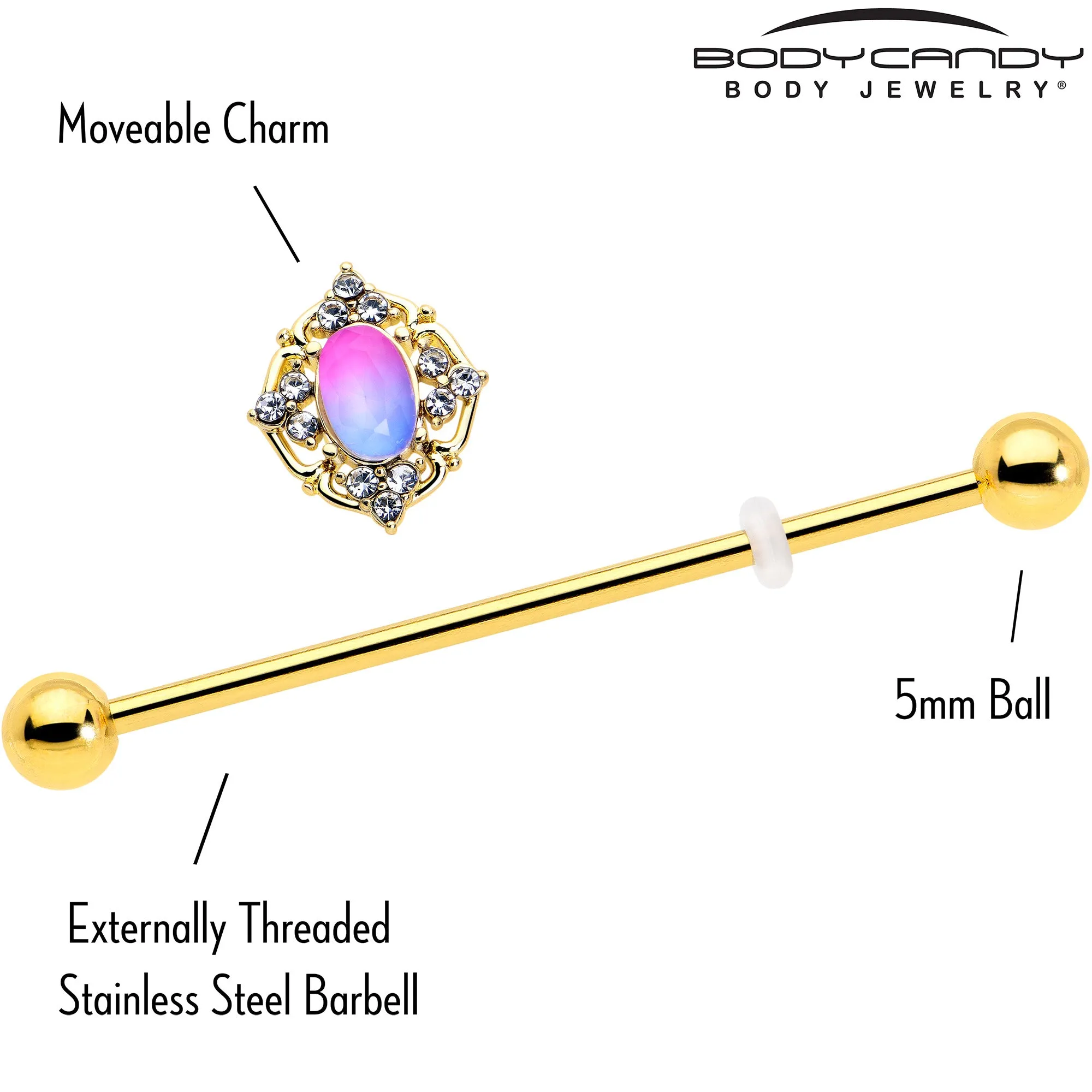 14 Gauge Pink Tourmaline Gold Tone Wondrous Industrial Barbell 38mm