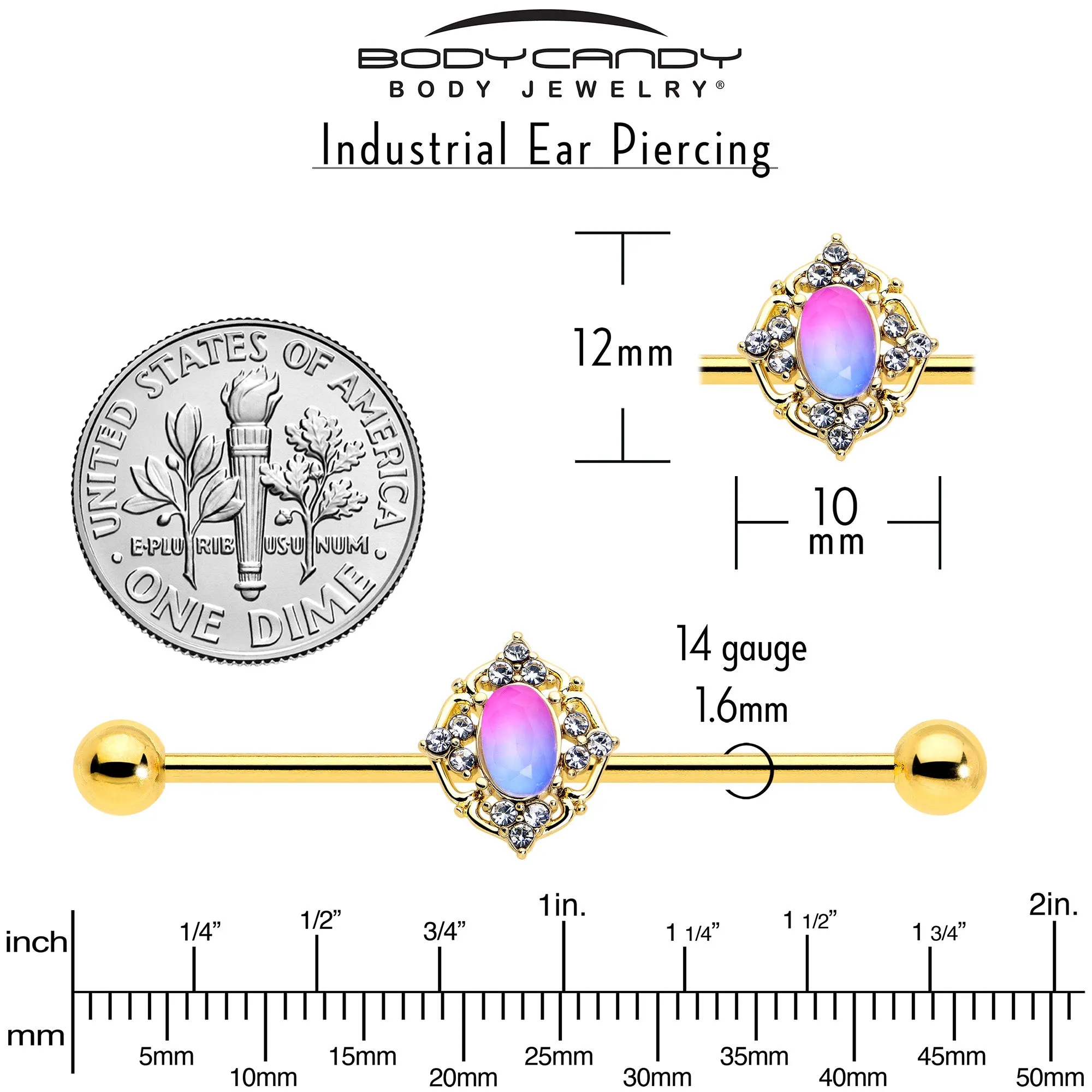 14 Gauge Pink Tourmaline Gold Tone Wondrous Industrial Barbell 38mm