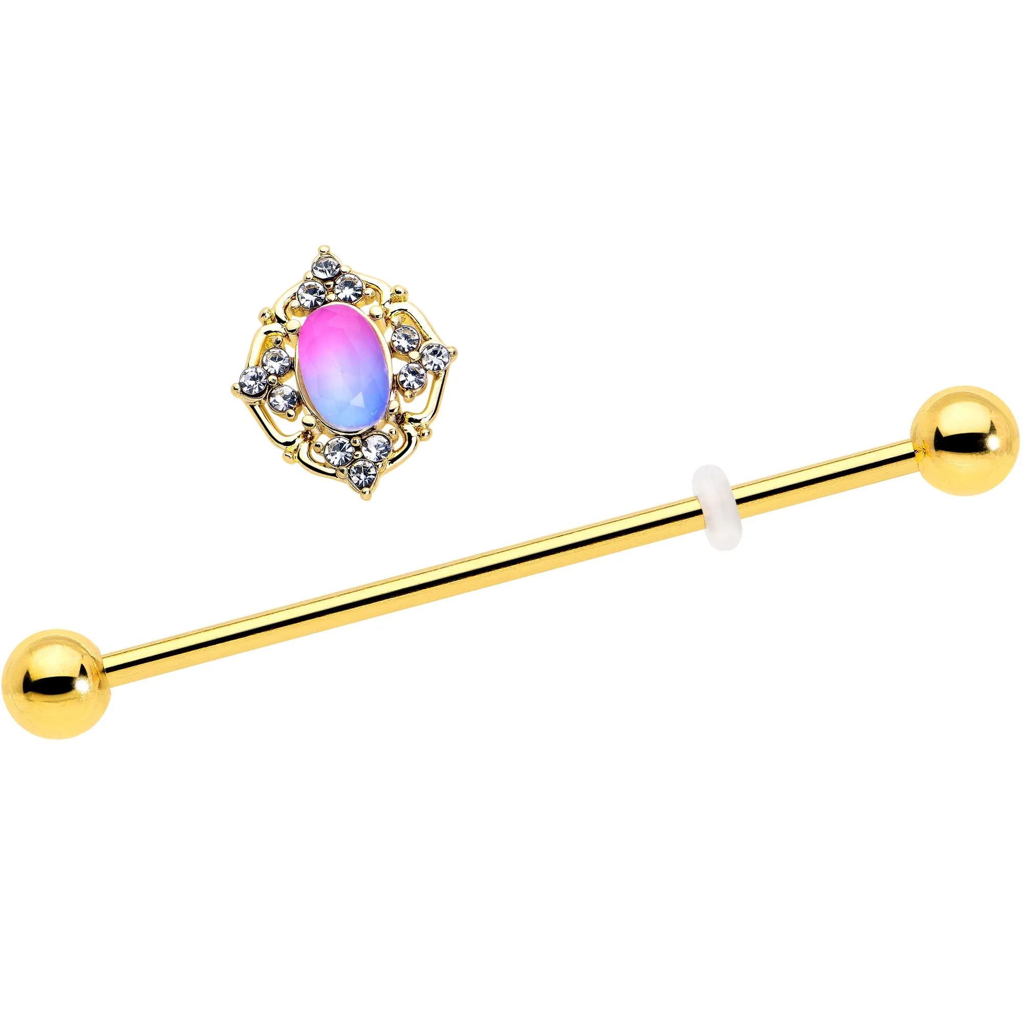 14 Gauge Pink Tourmaline Gold Tone Wondrous Industrial Barbell 38mm
