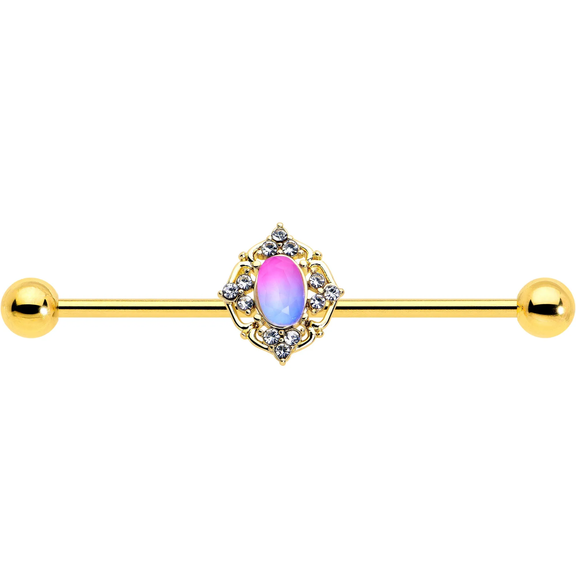14 Gauge Pink Tourmaline Gold Tone Wondrous Industrial Barbell 38mm