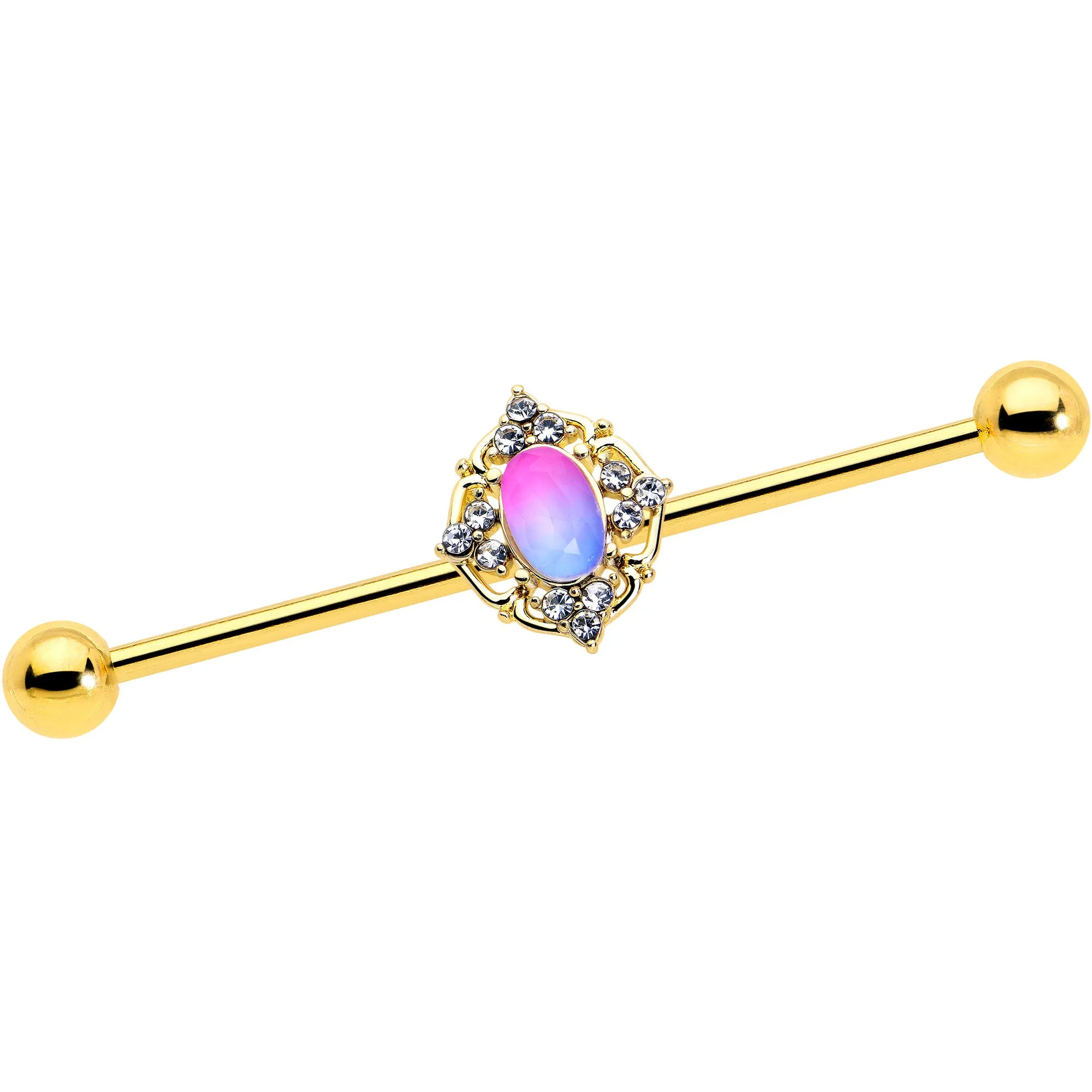 14 Gauge Pink Tourmaline Gold Tone Wondrous Industrial Barbell 38mm