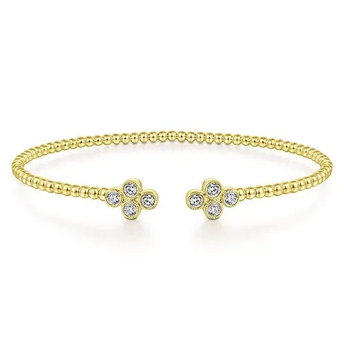 14K Yellow Gold Bujukan Bead Split Cuff Bracelet with Quatrefoil Diamond Endcaps