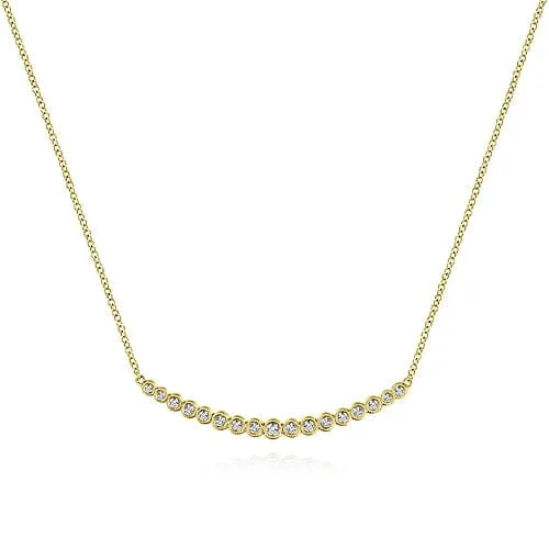 14K Yellow Gold Curved Bar Necklace with Bezel Set Round Diamonds