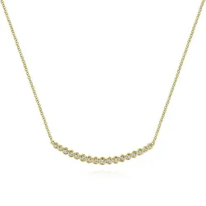 14K Yellow Gold Curved Bar Necklace with Bezel Set Round Diamonds