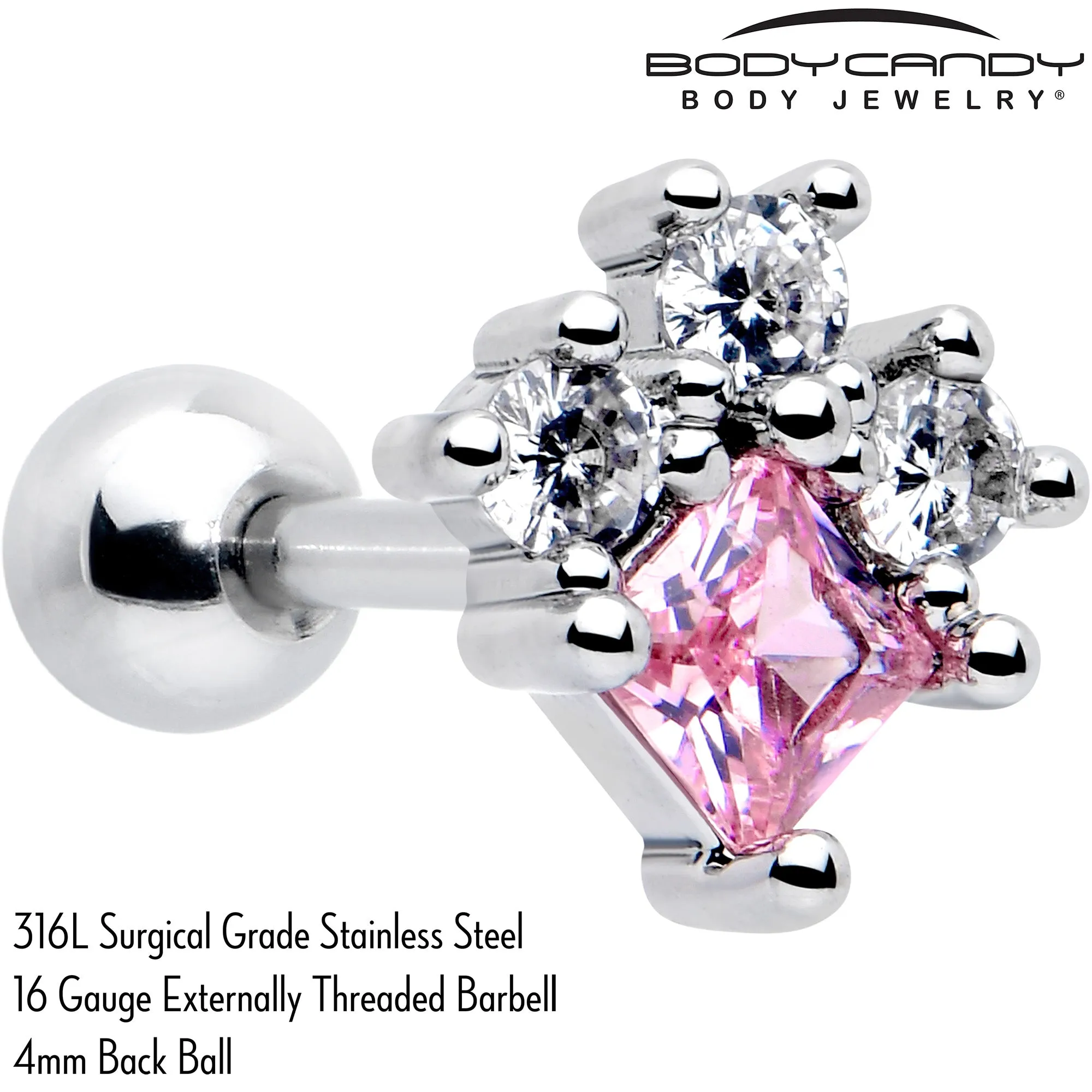 16 Gauge 1/4 Pink Clear CZ Gem Rhombus Riot Cartilage Tragus Earring