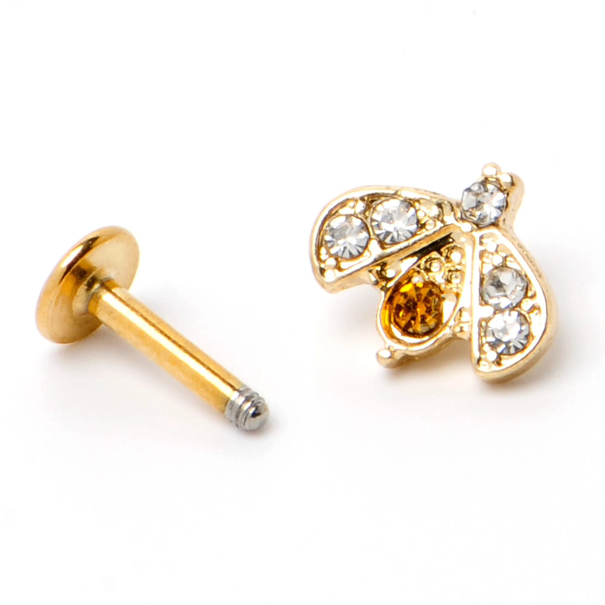 16 Gauge 1/4 White Yellow Gem Gold Tone Fashion Winged Bug Labret