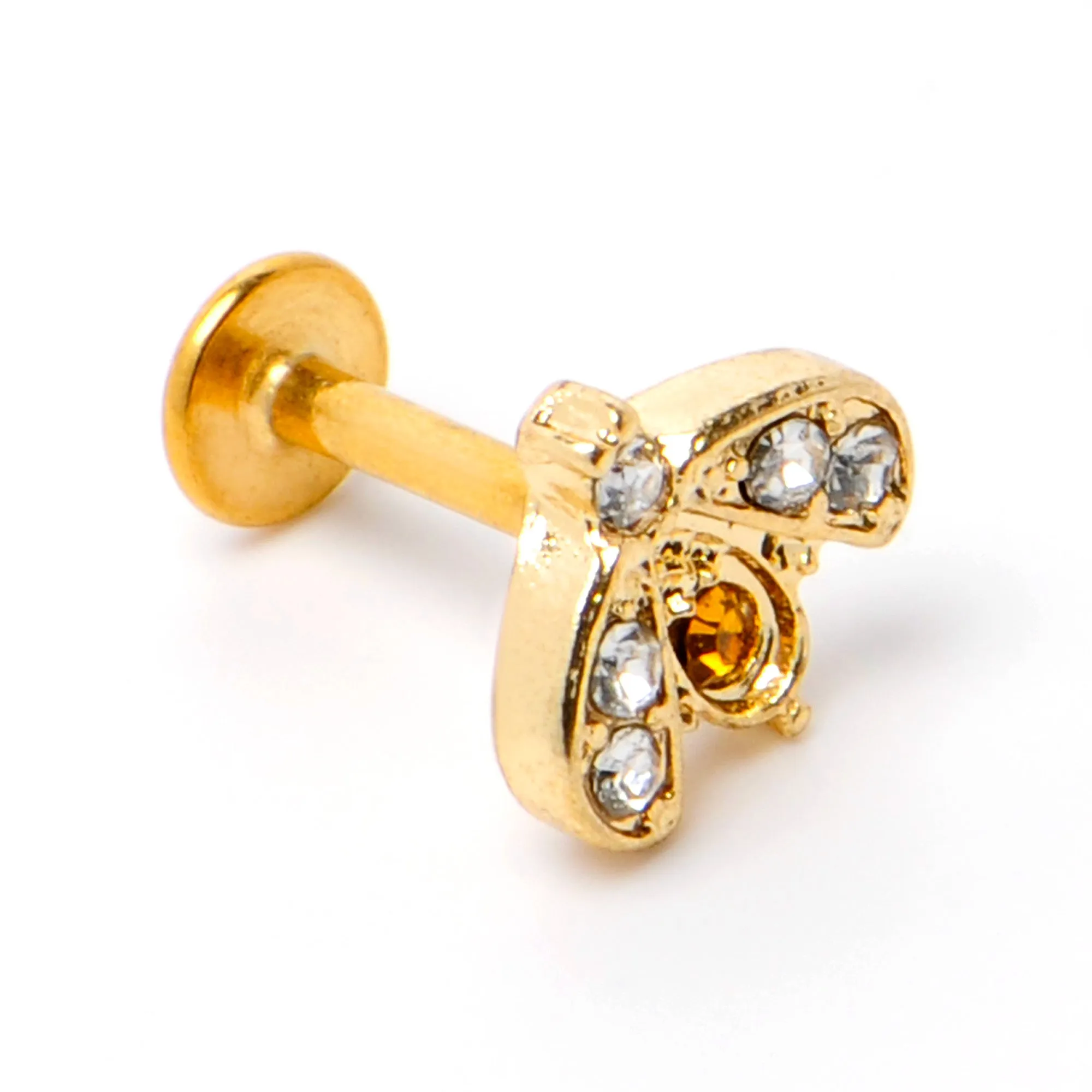 16 Gauge 1/4 White Yellow Gem Gold Tone Fashion Winged Bug Labret