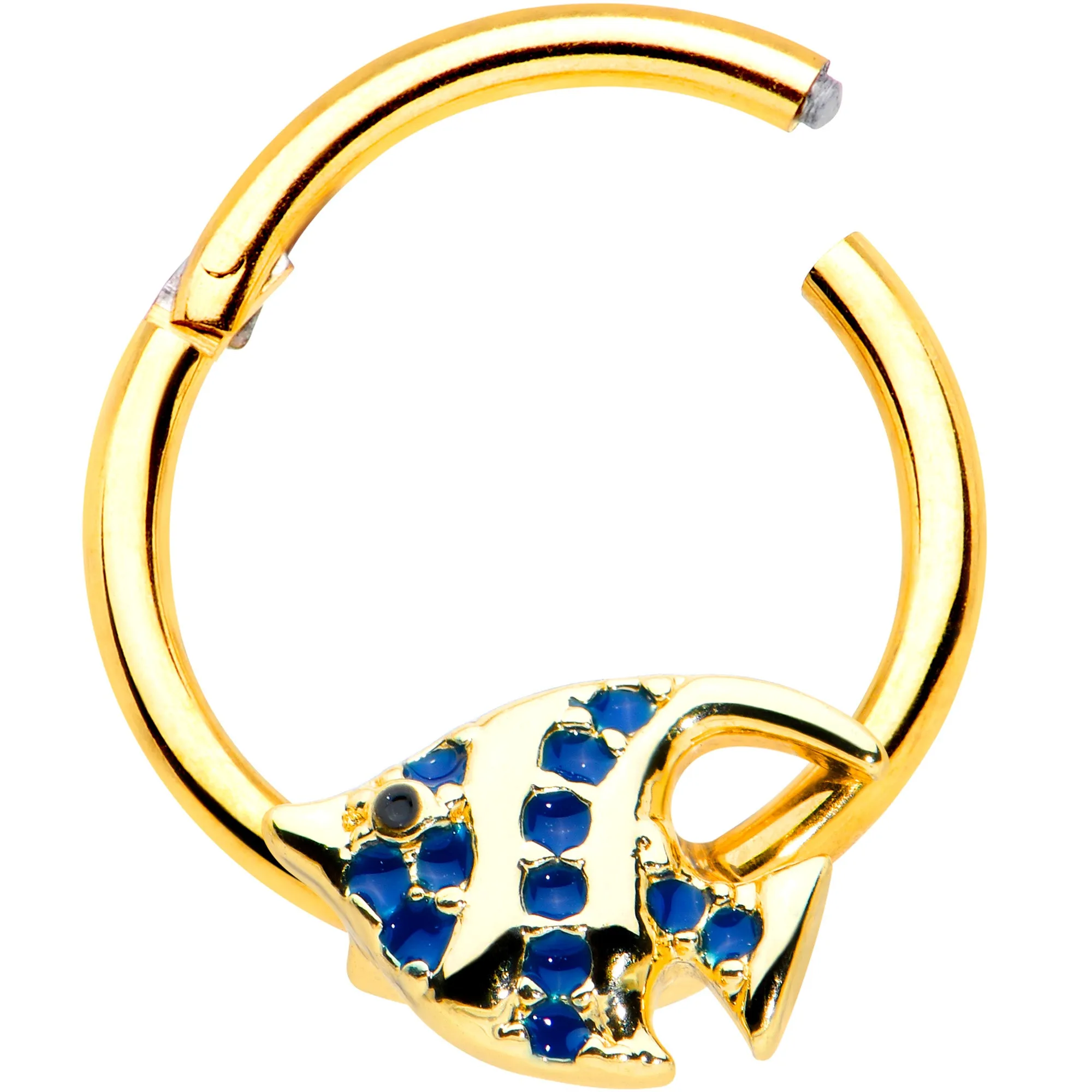 16 Gauge 3/8 Blue Gem Gold Tone Adorable Angelfish Hinged Segment Ring