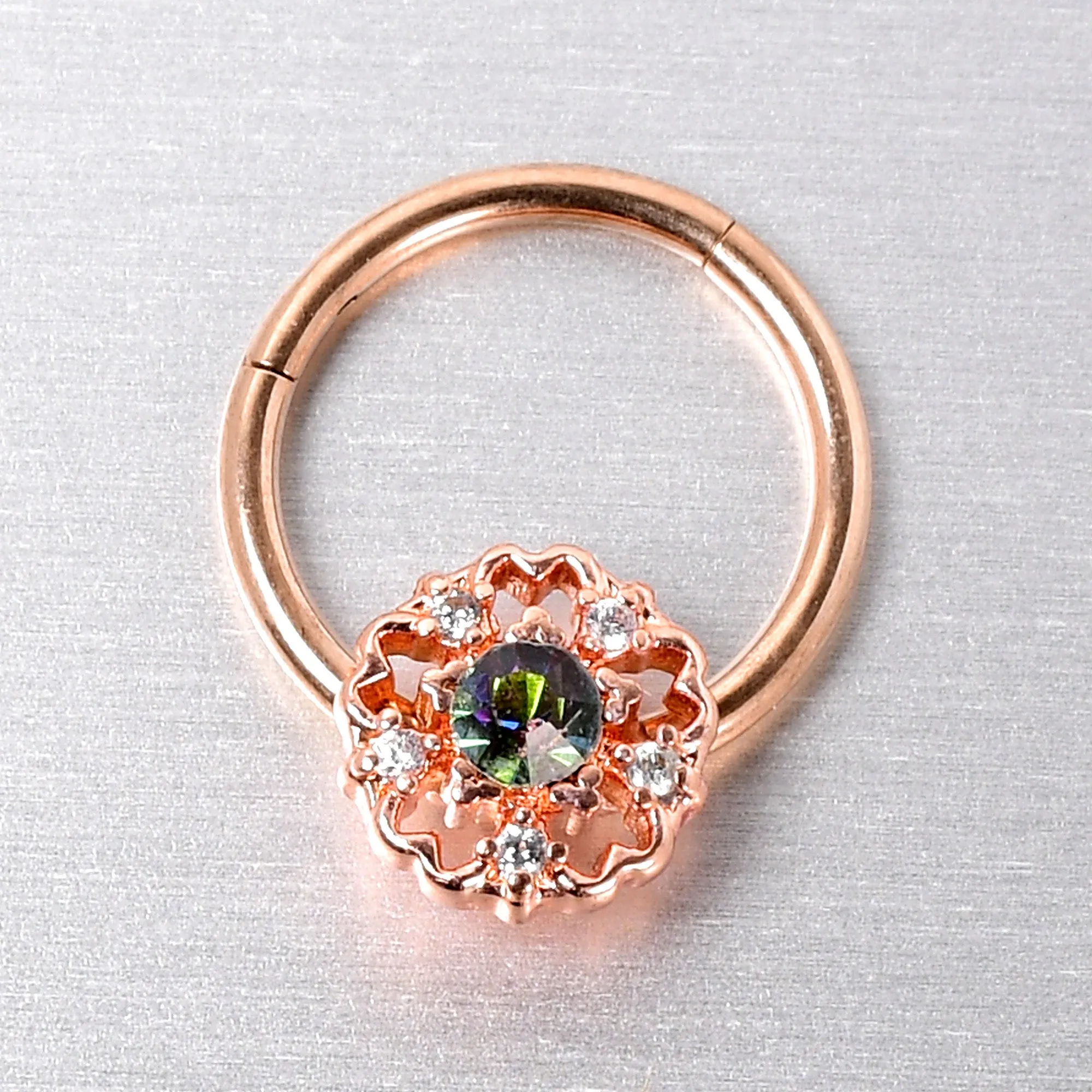 16 Gauge 3/8 Vitrail Gem Rose Gold Hue Flower Hinged Segment Ring