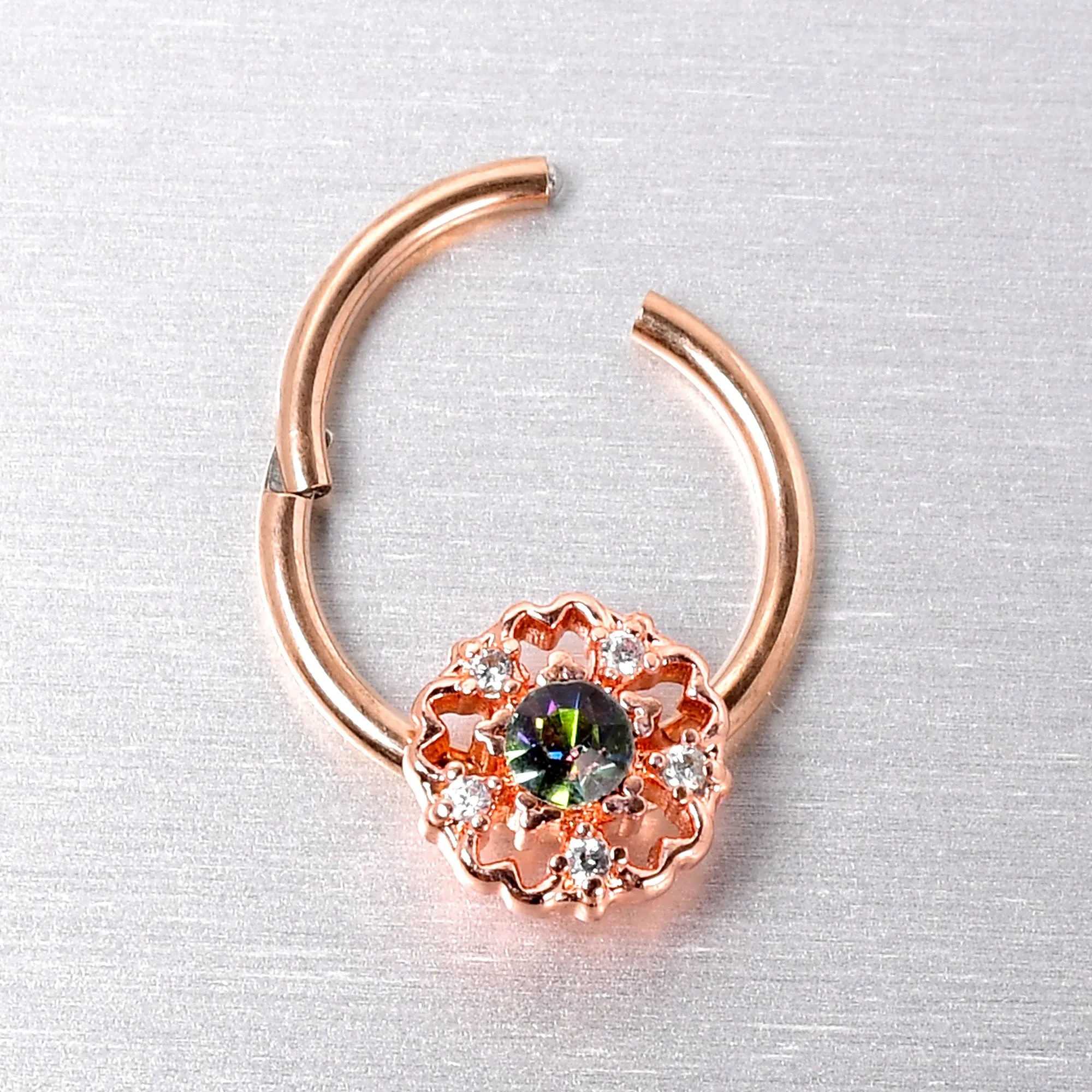 16 Gauge 3/8 Vitrail Gem Rose Gold Hue Flower Hinged Segment Ring