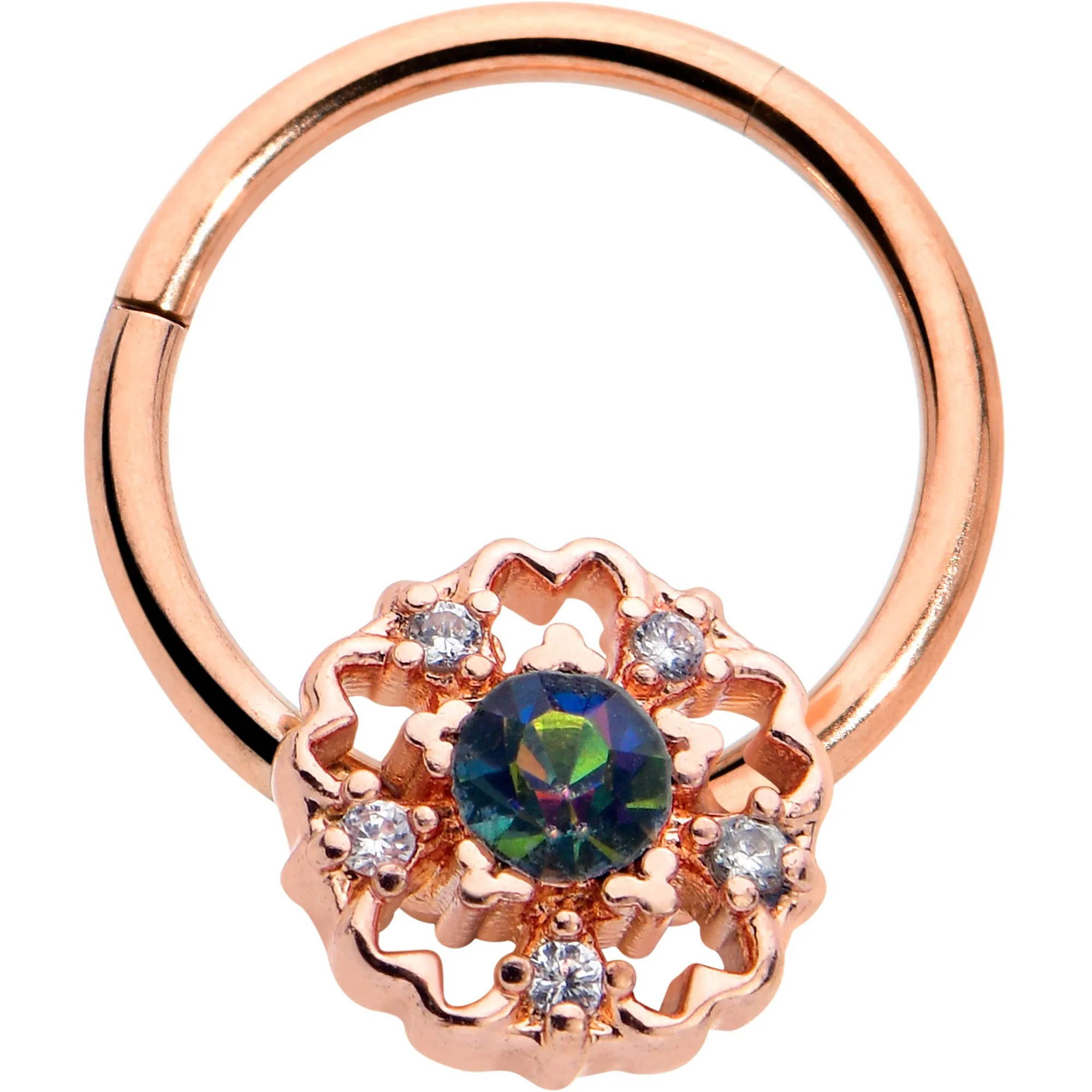 16 Gauge 3/8 Vitrail Gem Rose Gold Hue Flower Hinged Segment Ring