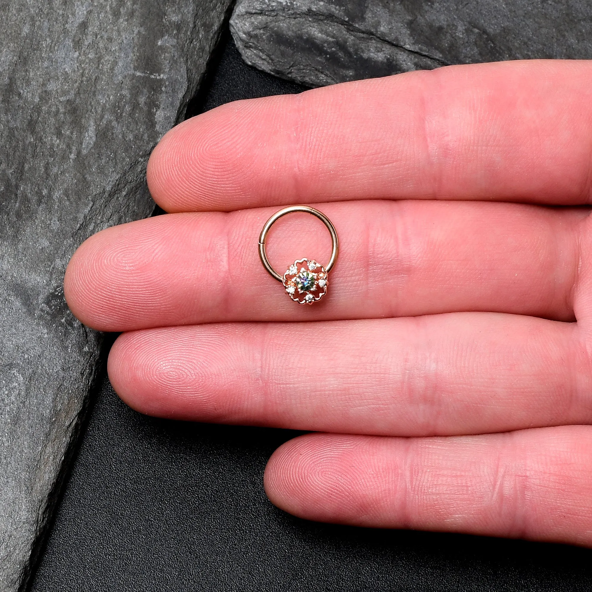 16 Gauge 3/8 Vitrail Gem Rose Gold Hue Flower Hinged Segment Ring