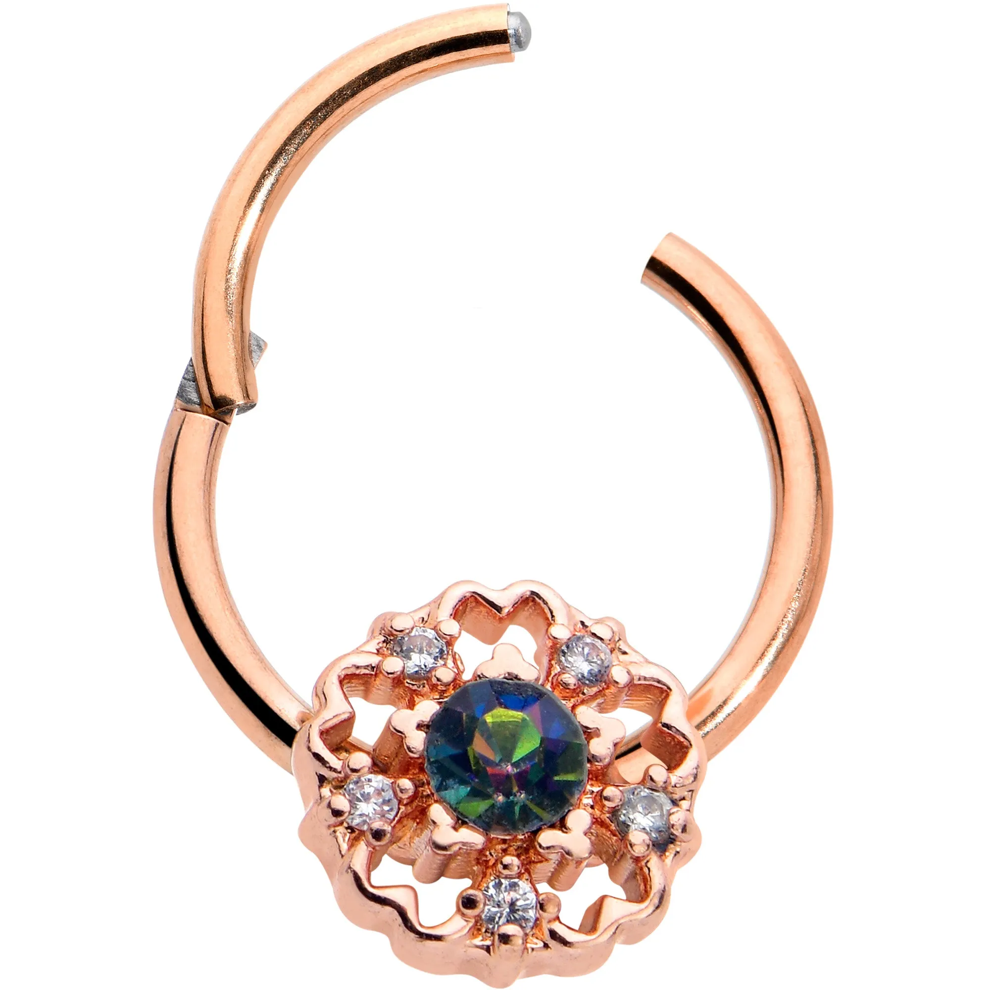 16 Gauge 3/8 Vitrail Gem Rose Gold Hue Flower Hinged Segment Ring