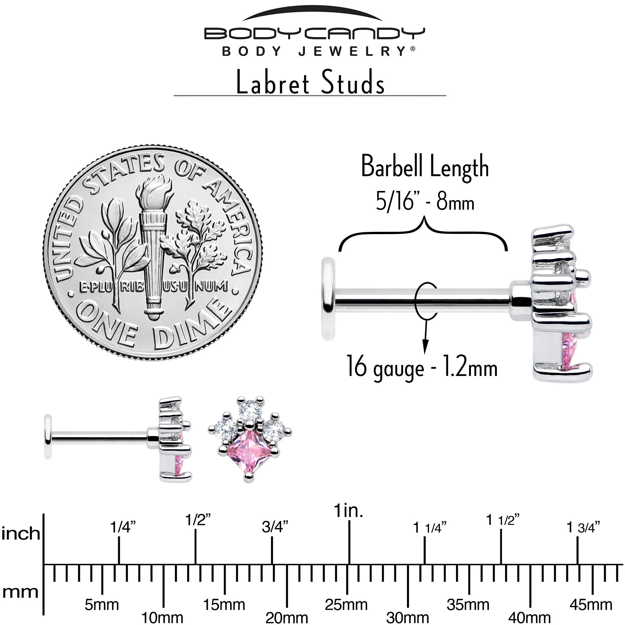 16 Gauge 5/16 Pink Clear CZ Gem Rhombus Riot Labret Monroe Tragus