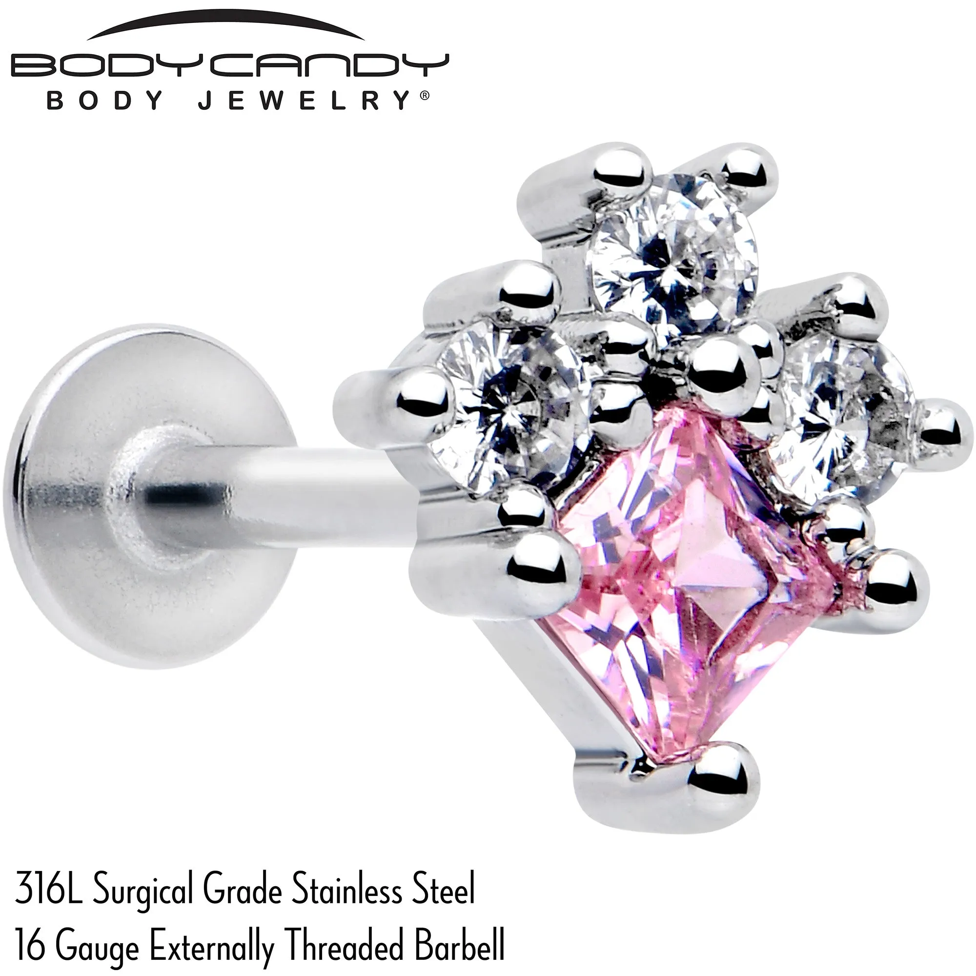 16 Gauge 5/16 Pink Clear CZ Gem Rhombus Riot Labret Monroe Tragus