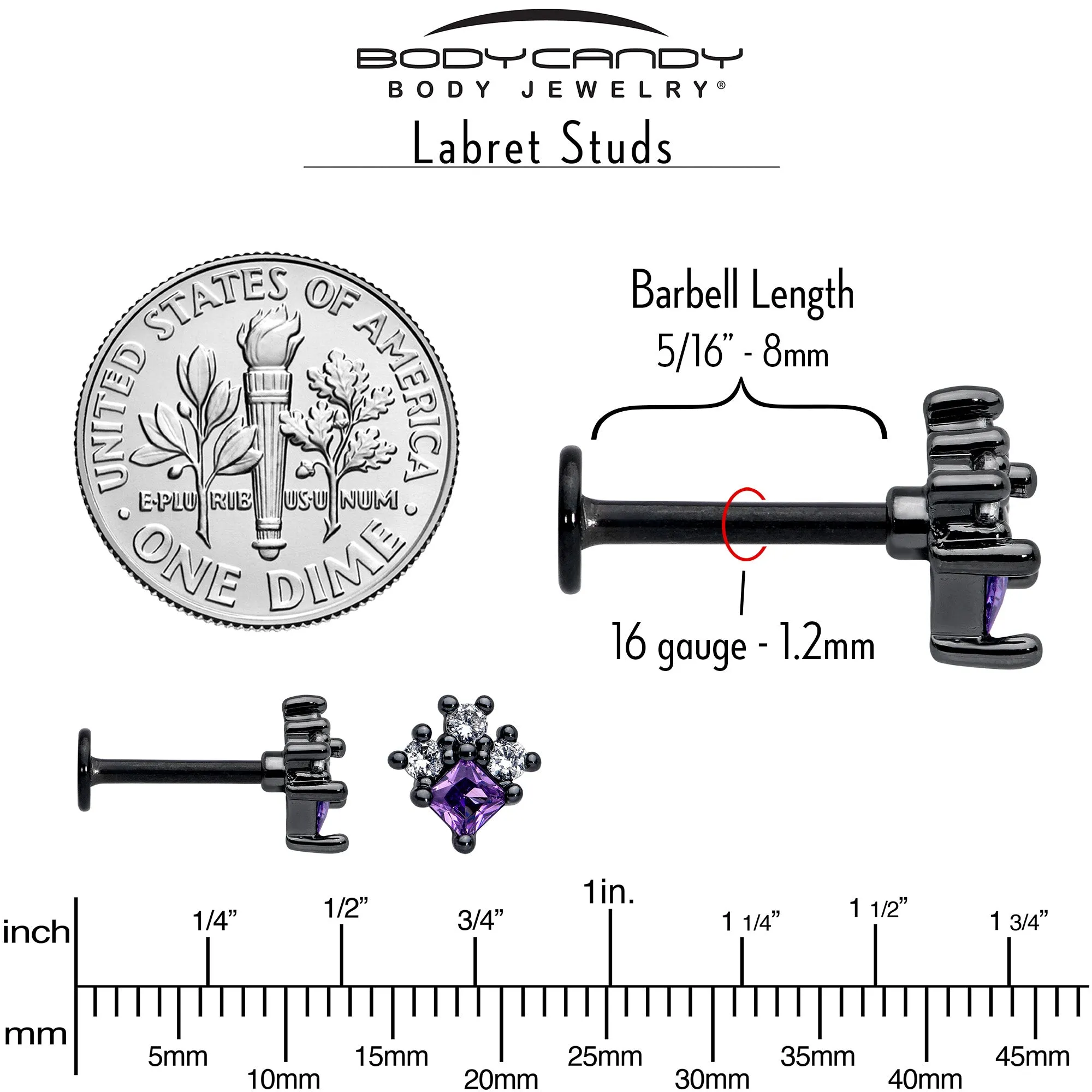 16 Gauge 5/16 Purple CZ Gem Black Rhombus Riot Labret Monroe Tragus