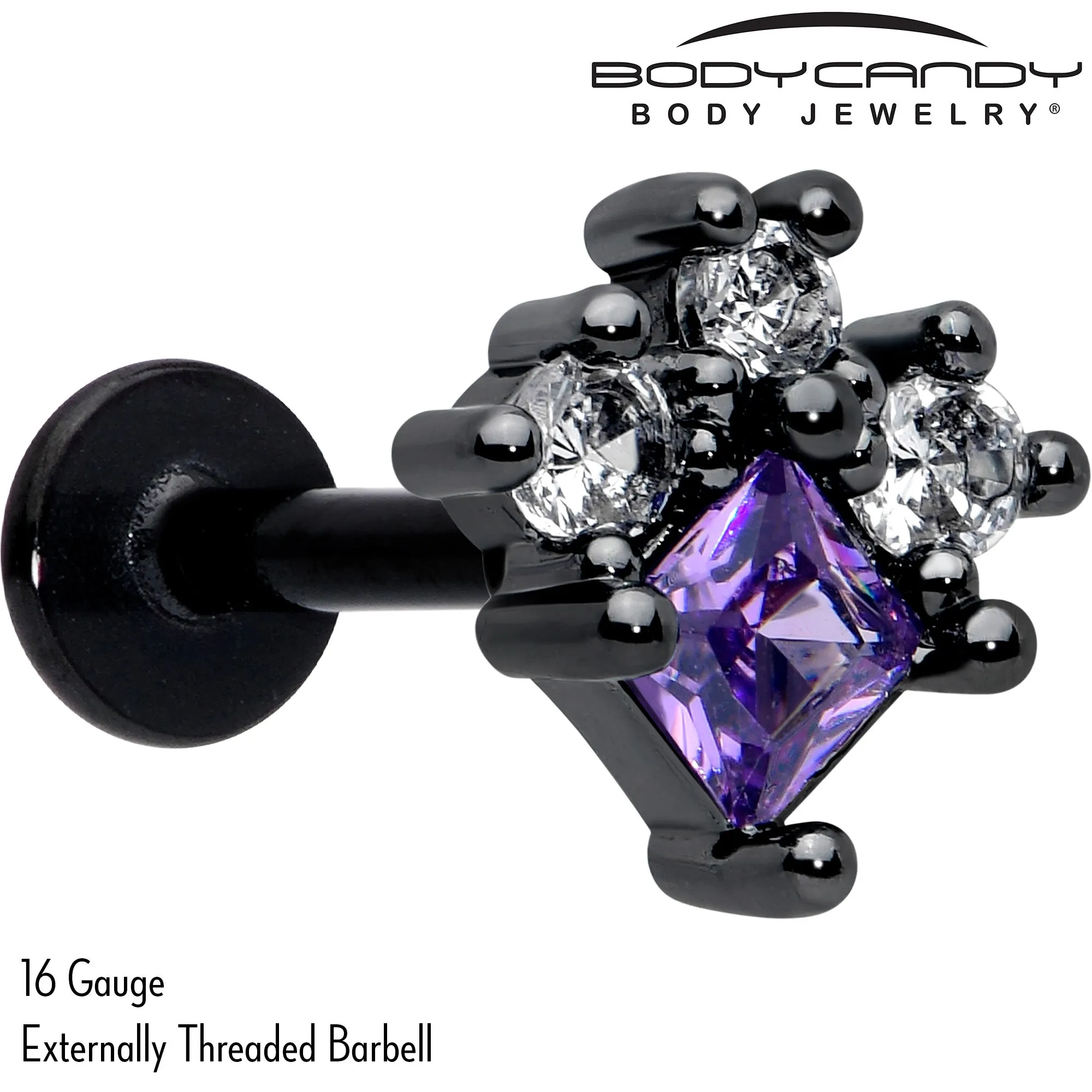 16 Gauge 5/16 Purple CZ Gem Black Rhombus Riot Labret Monroe Tragus