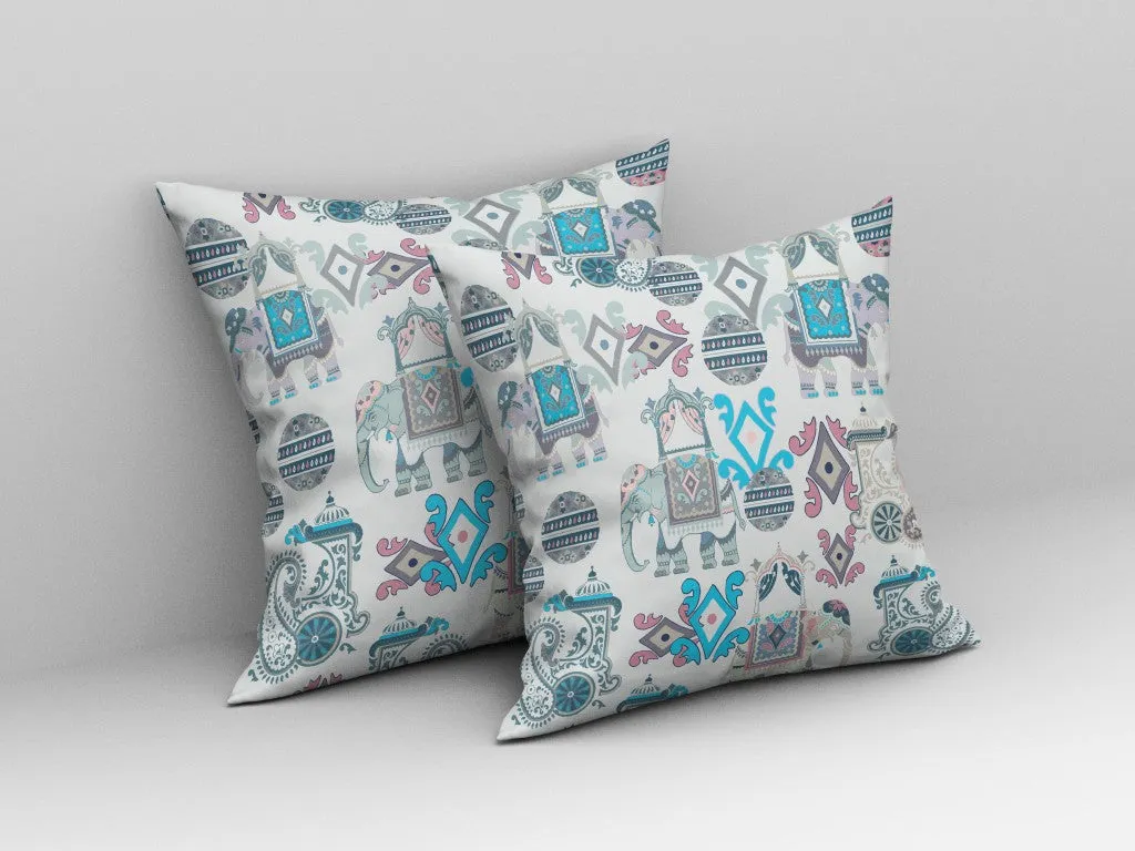 16" White Cyan Tribal Indoor Outdoor Zip Throw Pillow