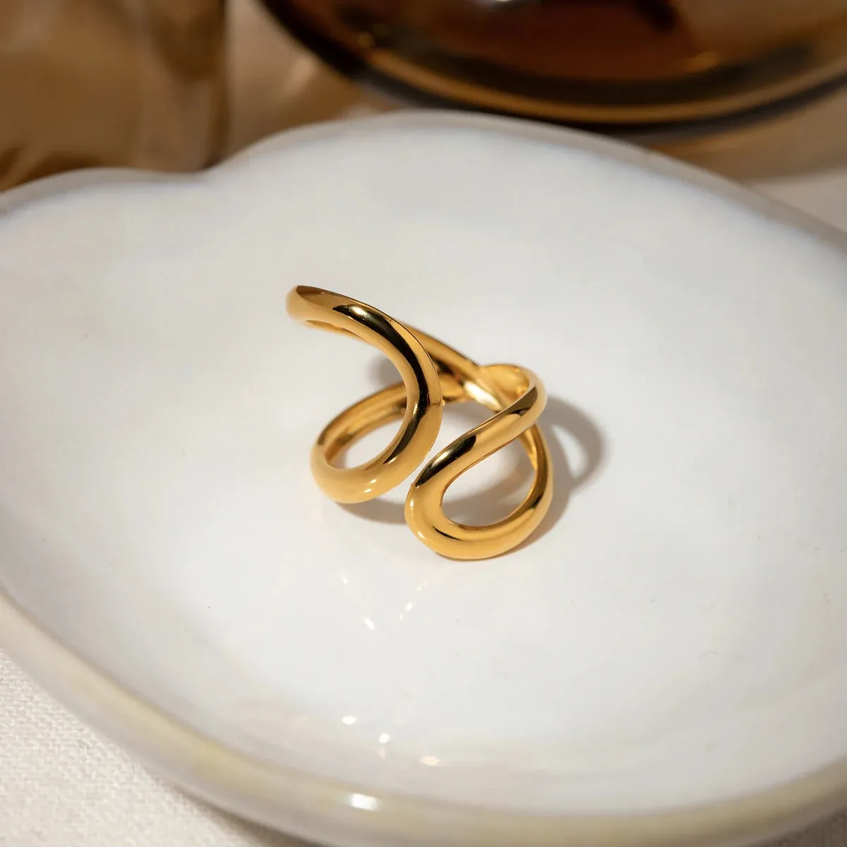 18K Gold Plated Stainless Steel Irregular Wave Ring for Women
