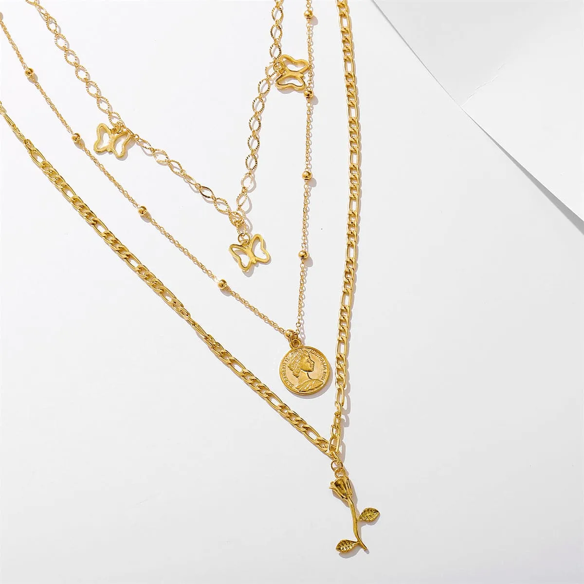 18K Gold-Plated Station Butterfly Pendant Layered Necklace
