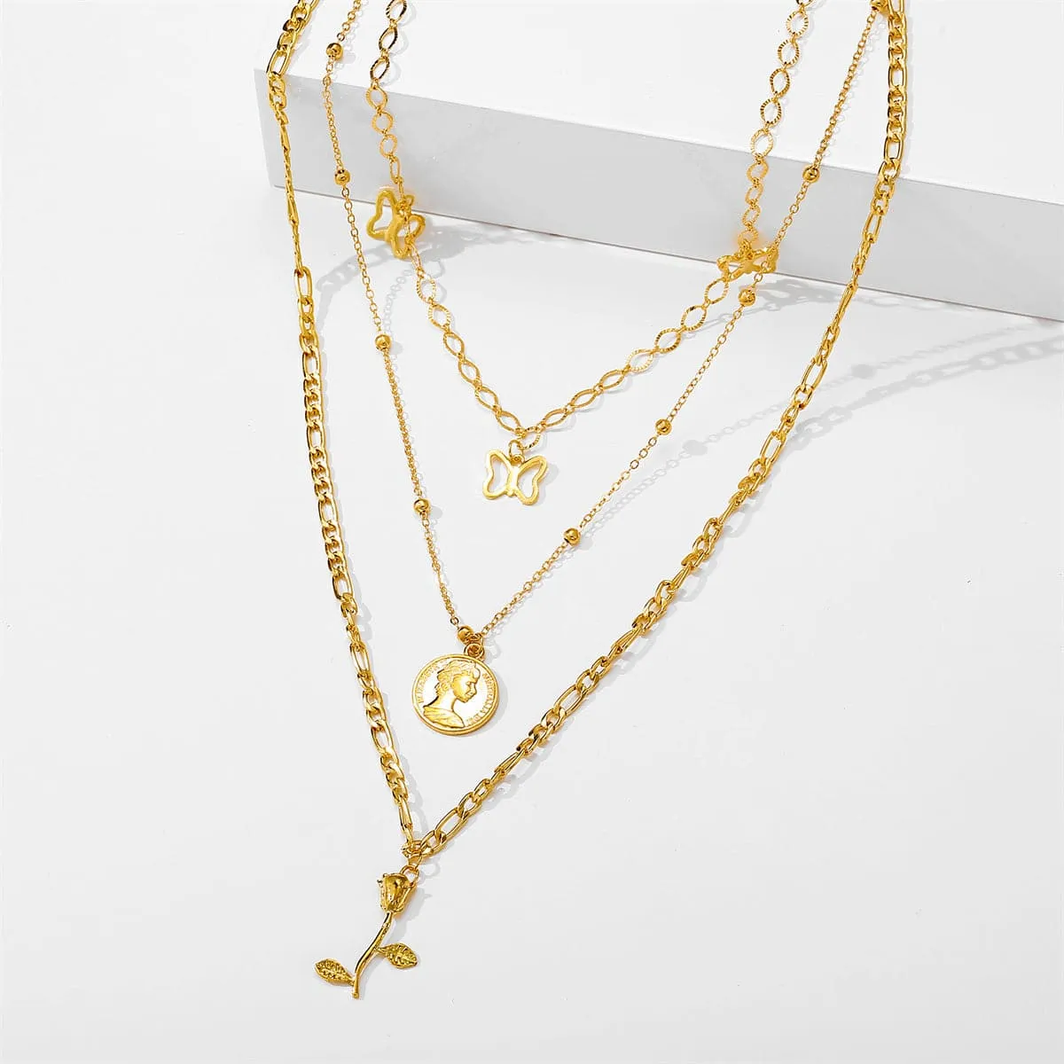 18K Gold-Plated Station Butterfly Pendant Layered Necklace