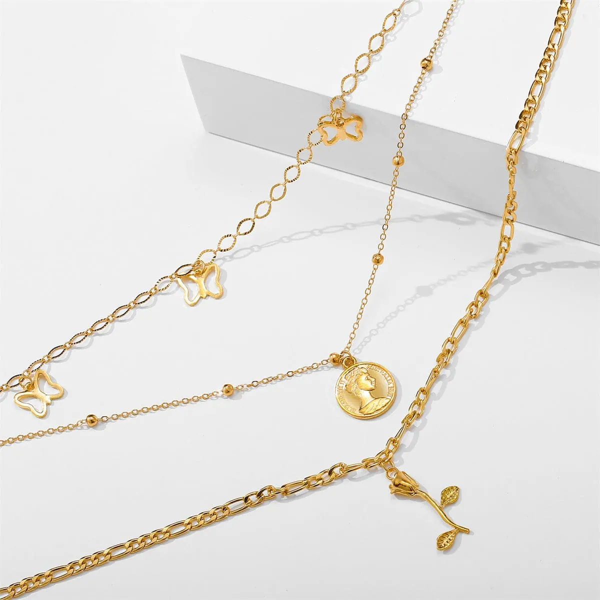 18K Gold-Plated Station Butterfly Pendant Layered Necklace