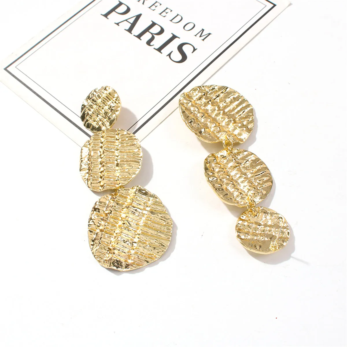 18K Gold-Plated Textured Linked Disk Drop Earrings