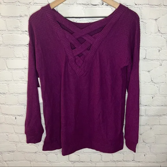1.STATE Lattice V-back Waffle Weave Sweater Crushed Berry Size Extra Small NWT