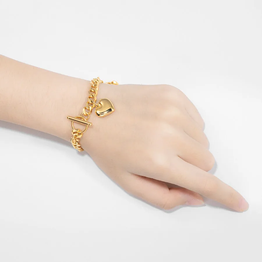 24K Gold Plated Curb Chain Heart Bracelet