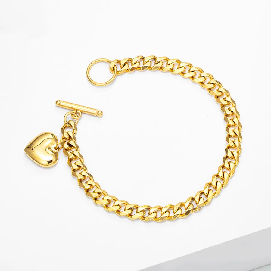 24K Gold Plated Curb Chain Heart Bracelet
