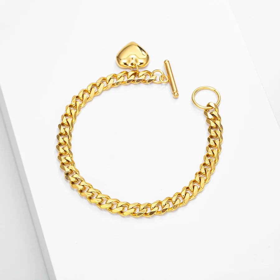 24K Gold Plated Curb Chain Heart Bracelet