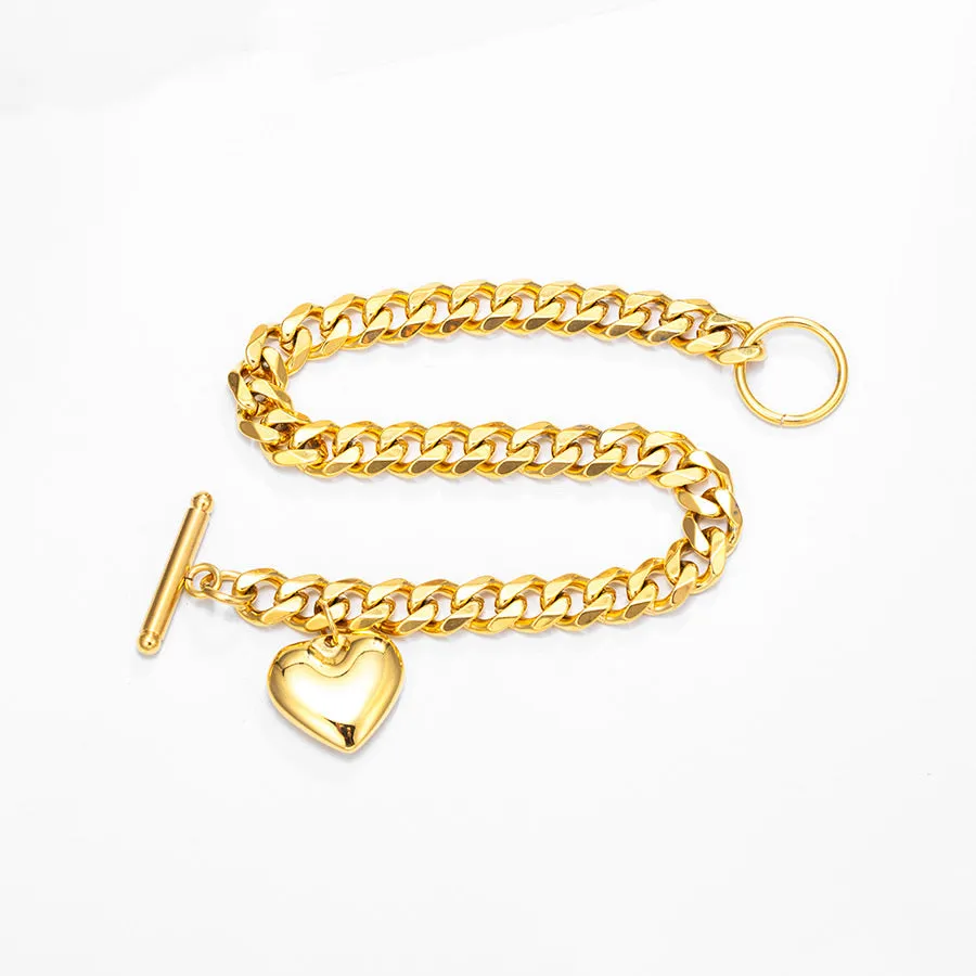 24K Gold Plated Curb Chain Heart Bracelet
