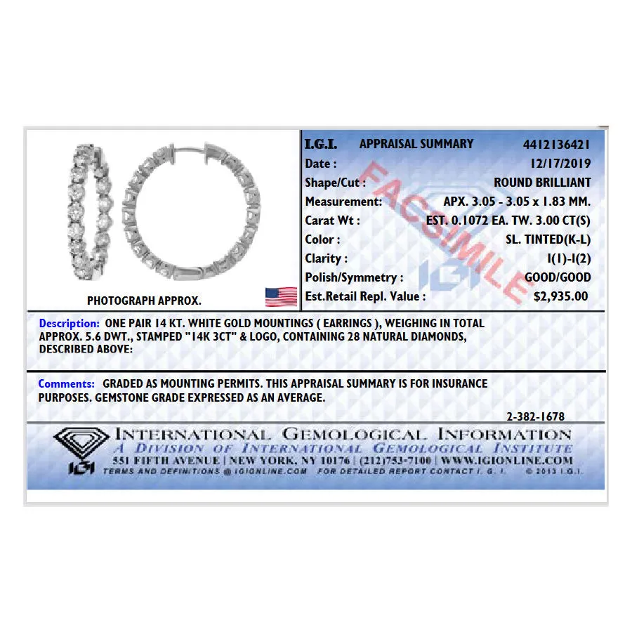 3 cttw Diamond Inside Out Hoop Earrings in 14K White Gold