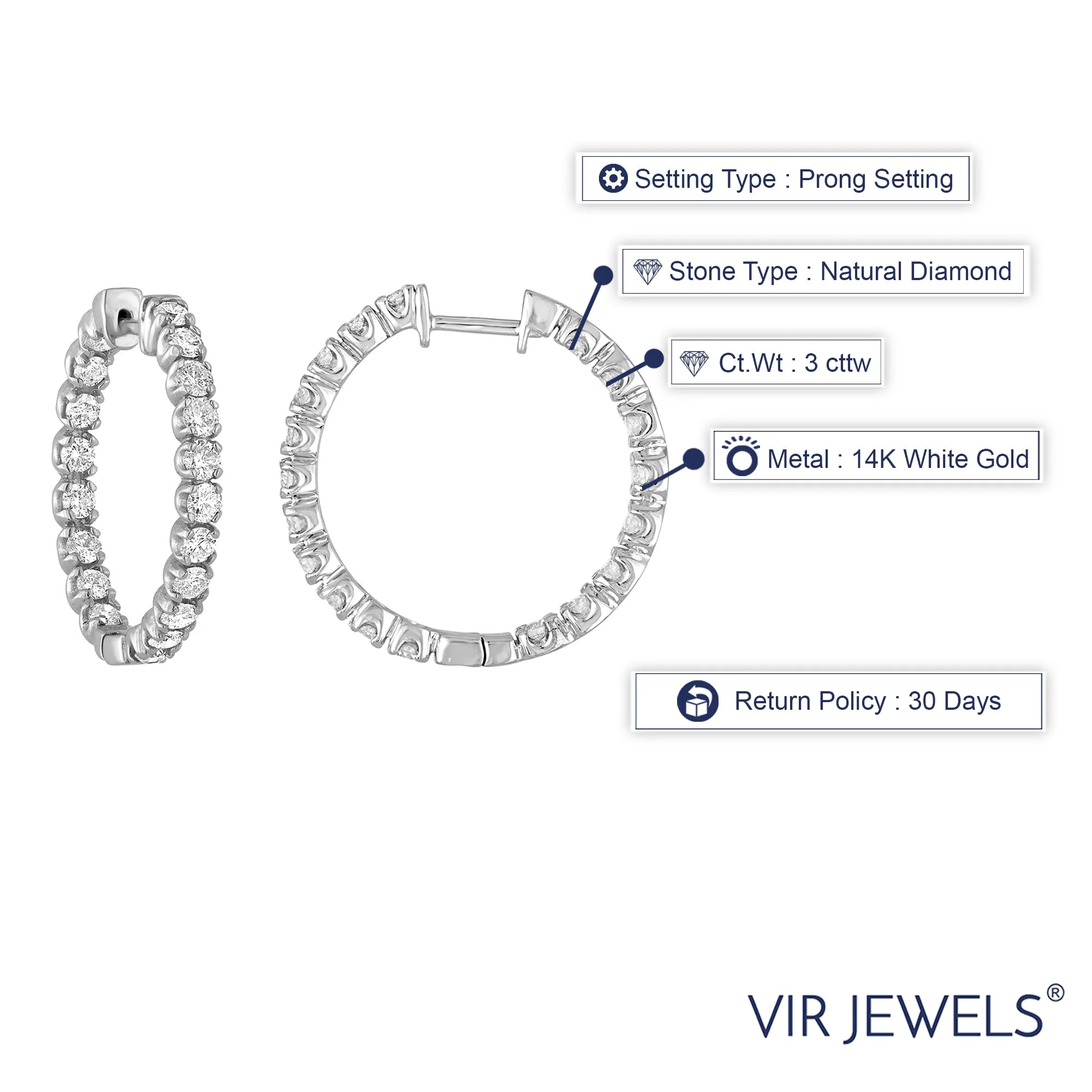 3 cttw Diamond Inside Out Hoop Earrings in 14K White Gold