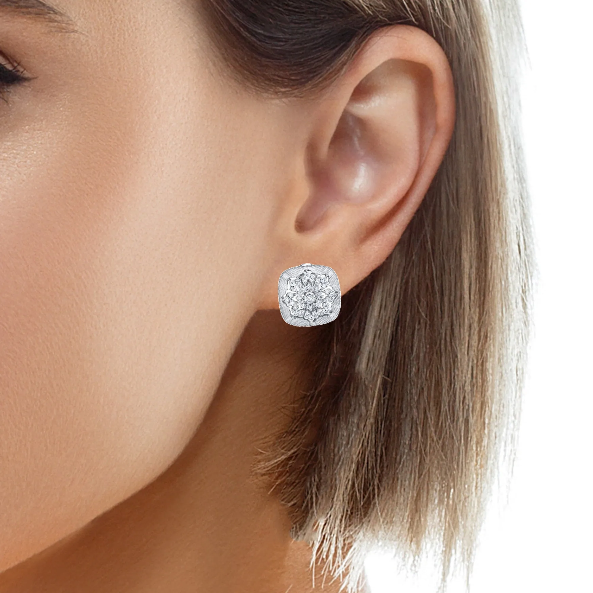 .46 Carat Total Diamond, Florentine, White Gold French Clip Square Earrings