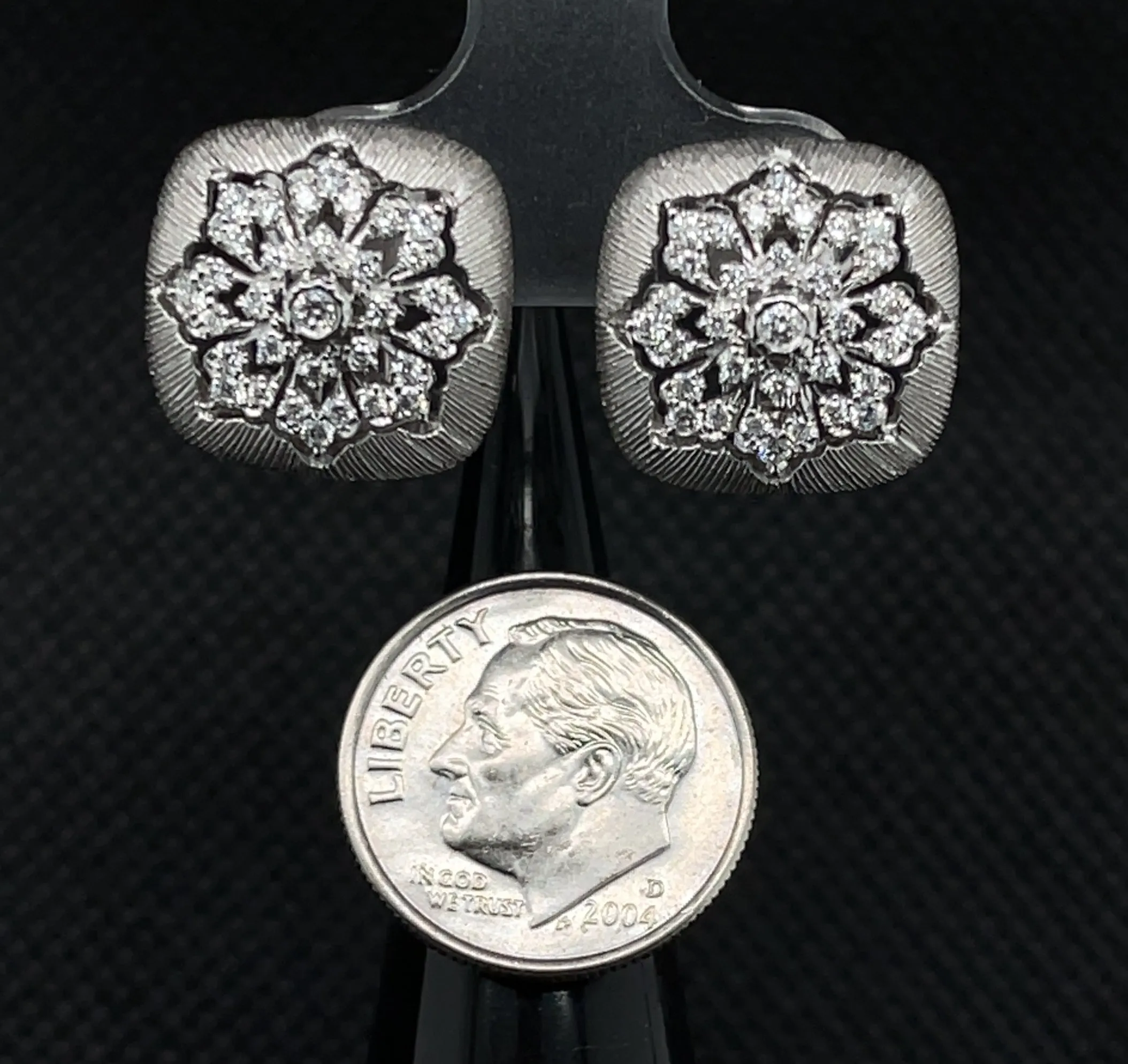 .46 Carat Total Diamond, Florentine, White Gold French Clip Square Earrings