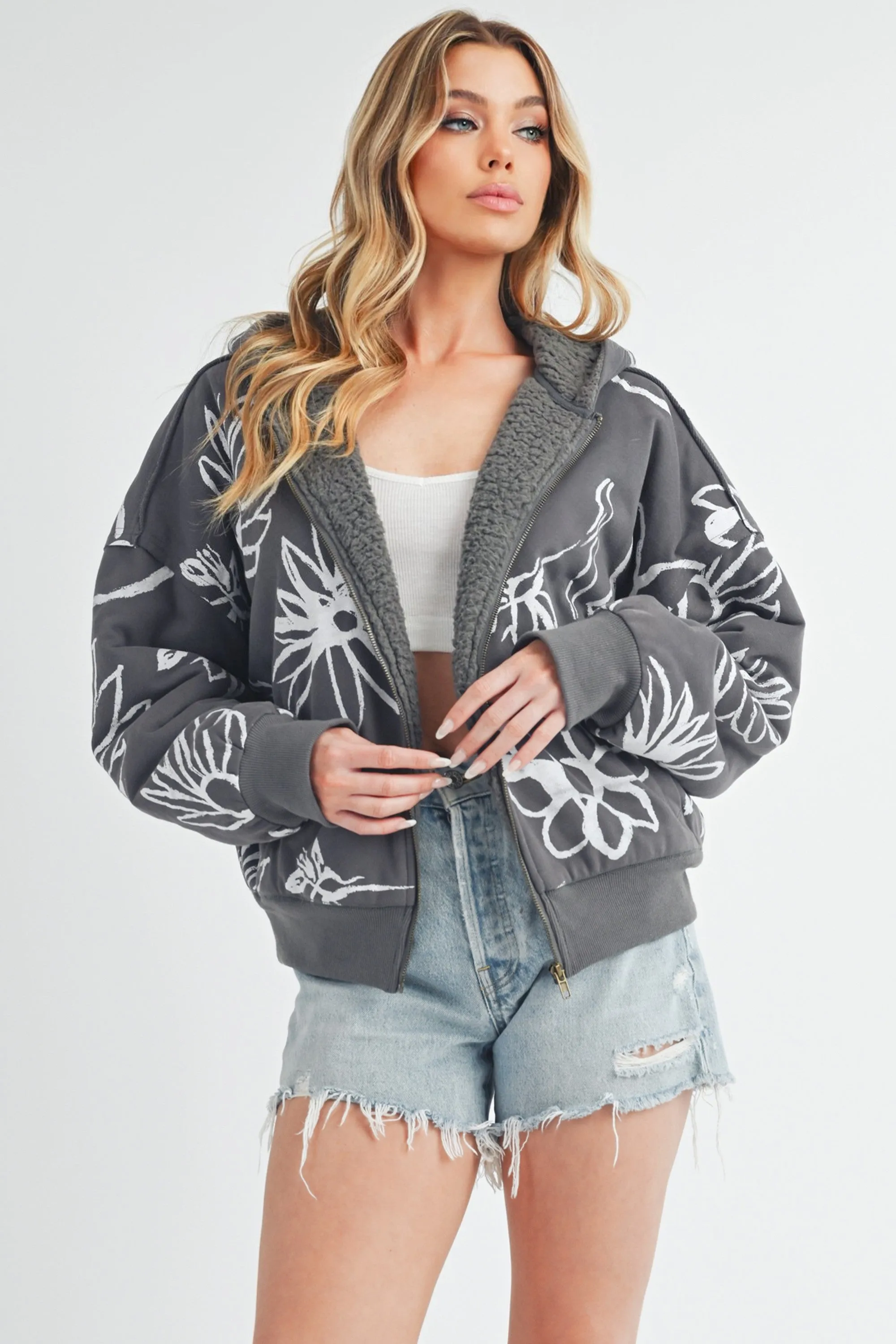 Aemi   Co Flower Print Zip Up Sherpa Hoodie