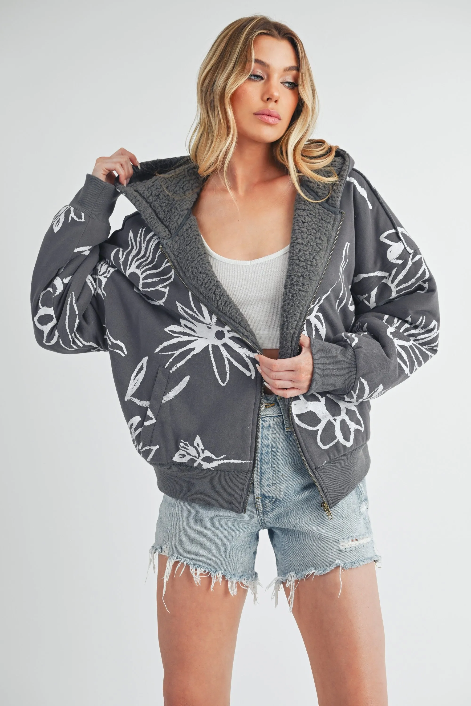 Aemi   Co Flower Print Zip Up Sherpa Hoodie