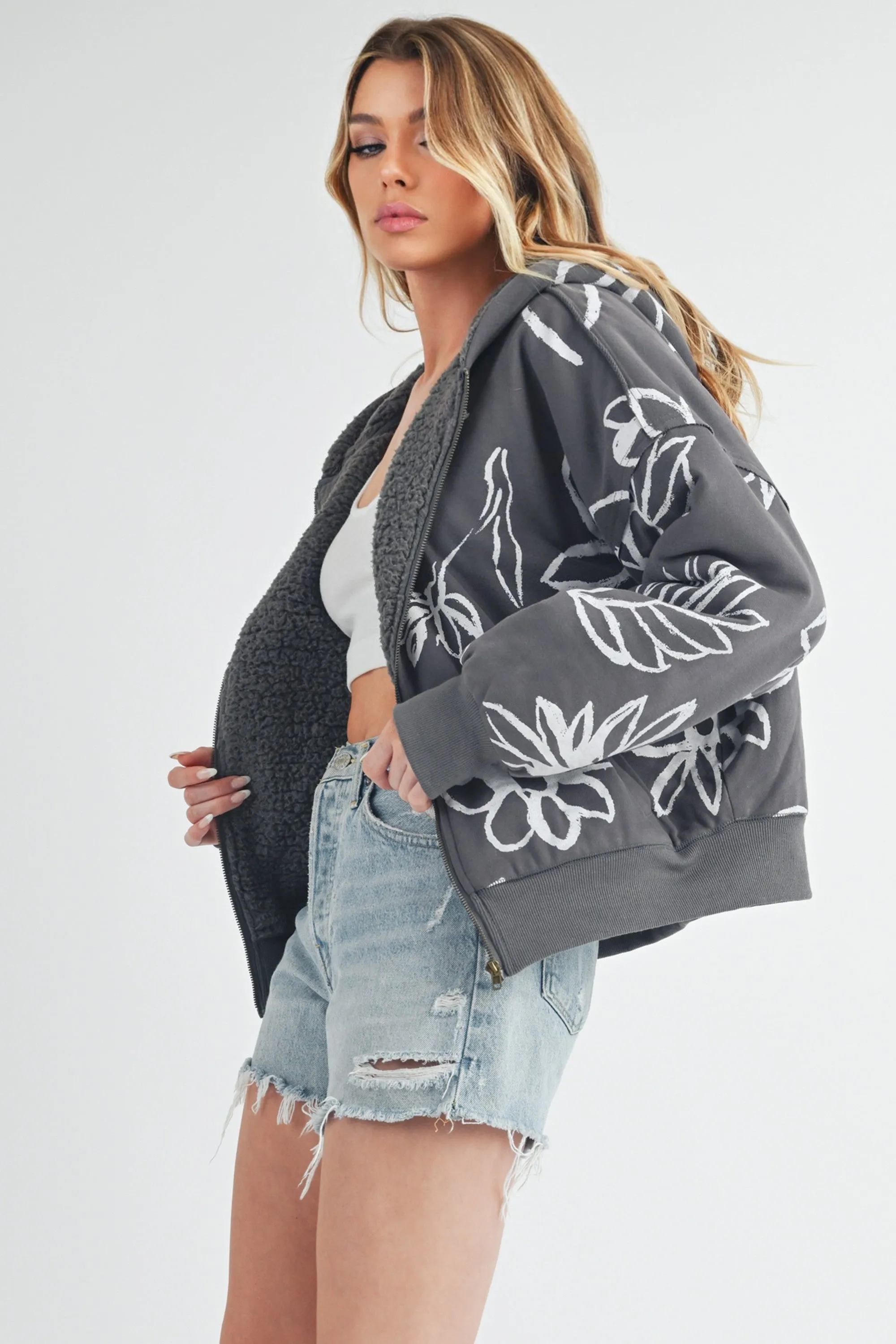 Aemi   Co Flower Print Zip Up Sherpa Hoodie