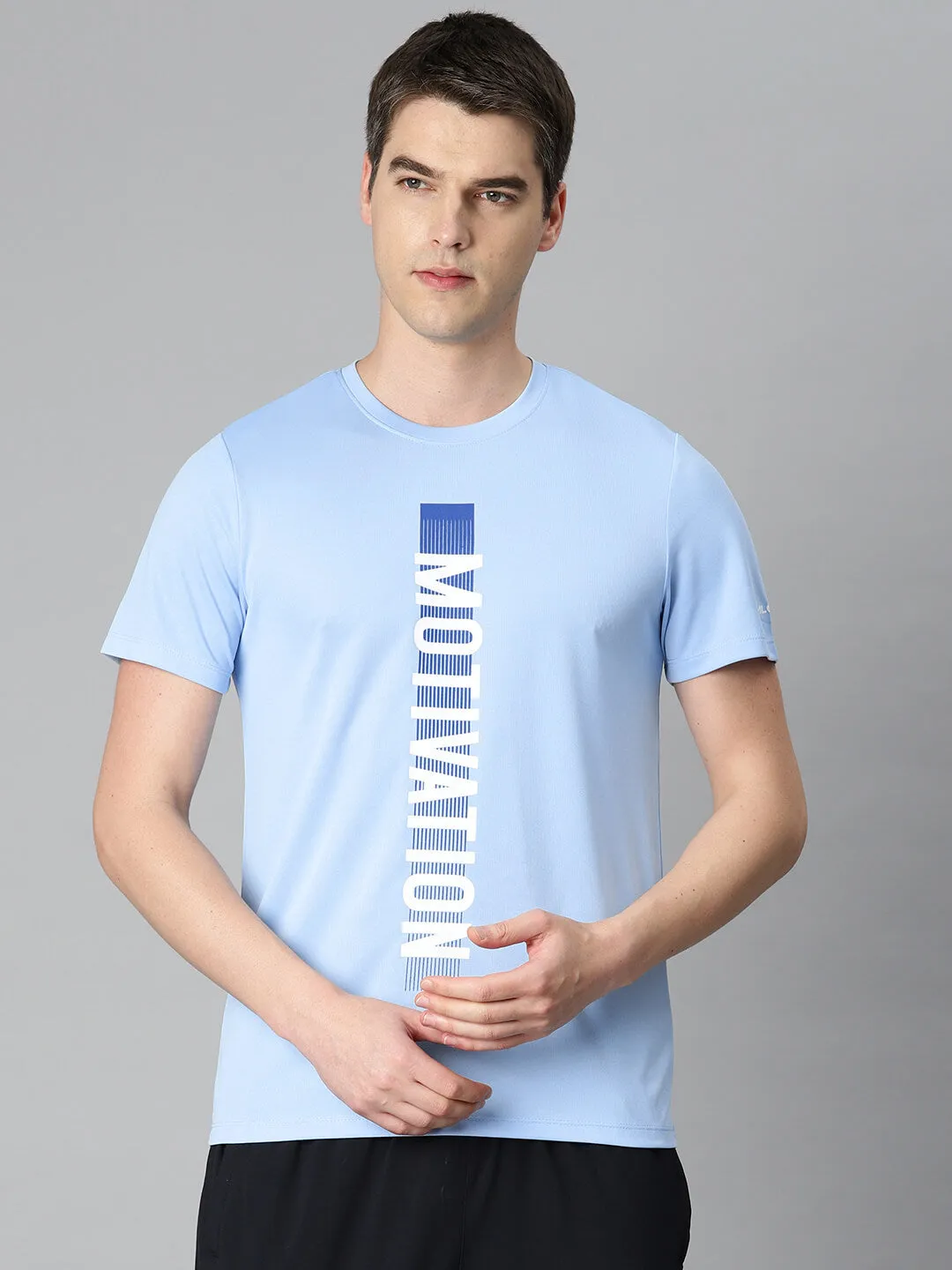 Alcis Men Blue Typography Printed Anti Static Slim Fit Sports T-shirt