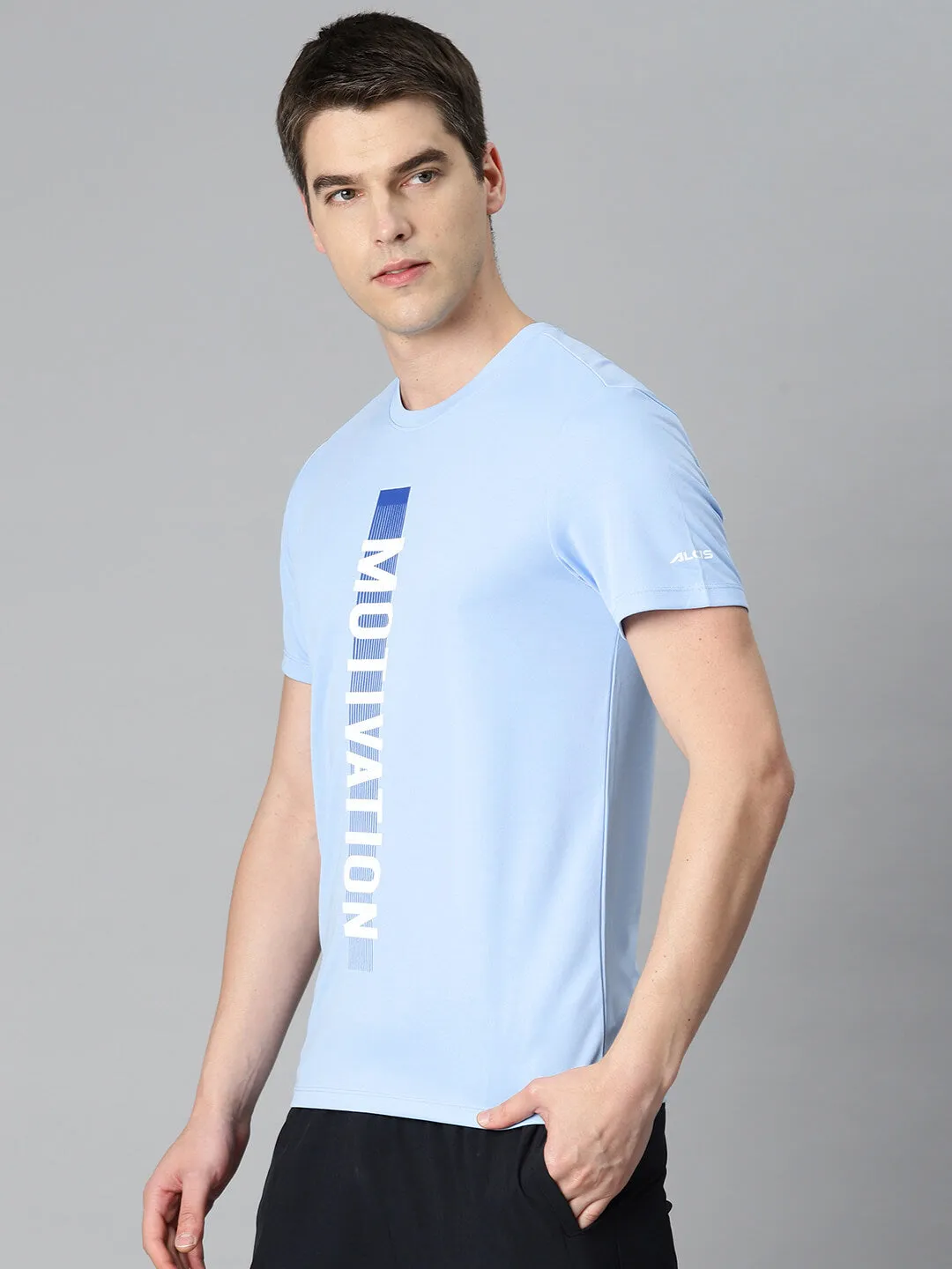 Alcis Men Blue Typography Printed Anti Static Slim Fit Sports T-shirt