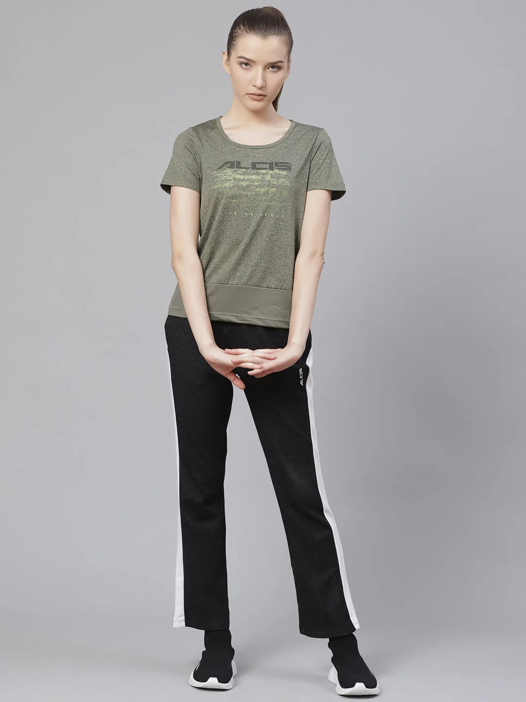 Alcis Women Olive Green Printed Round Neck T-shirt