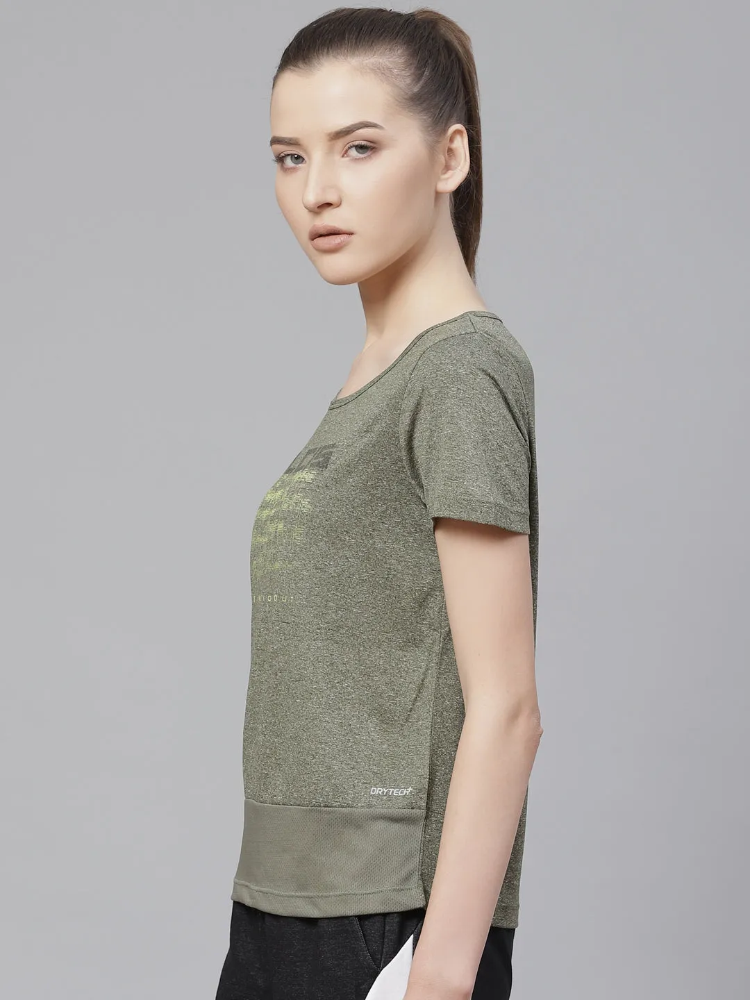Alcis Women Olive Green Printed Round Neck T-shirt