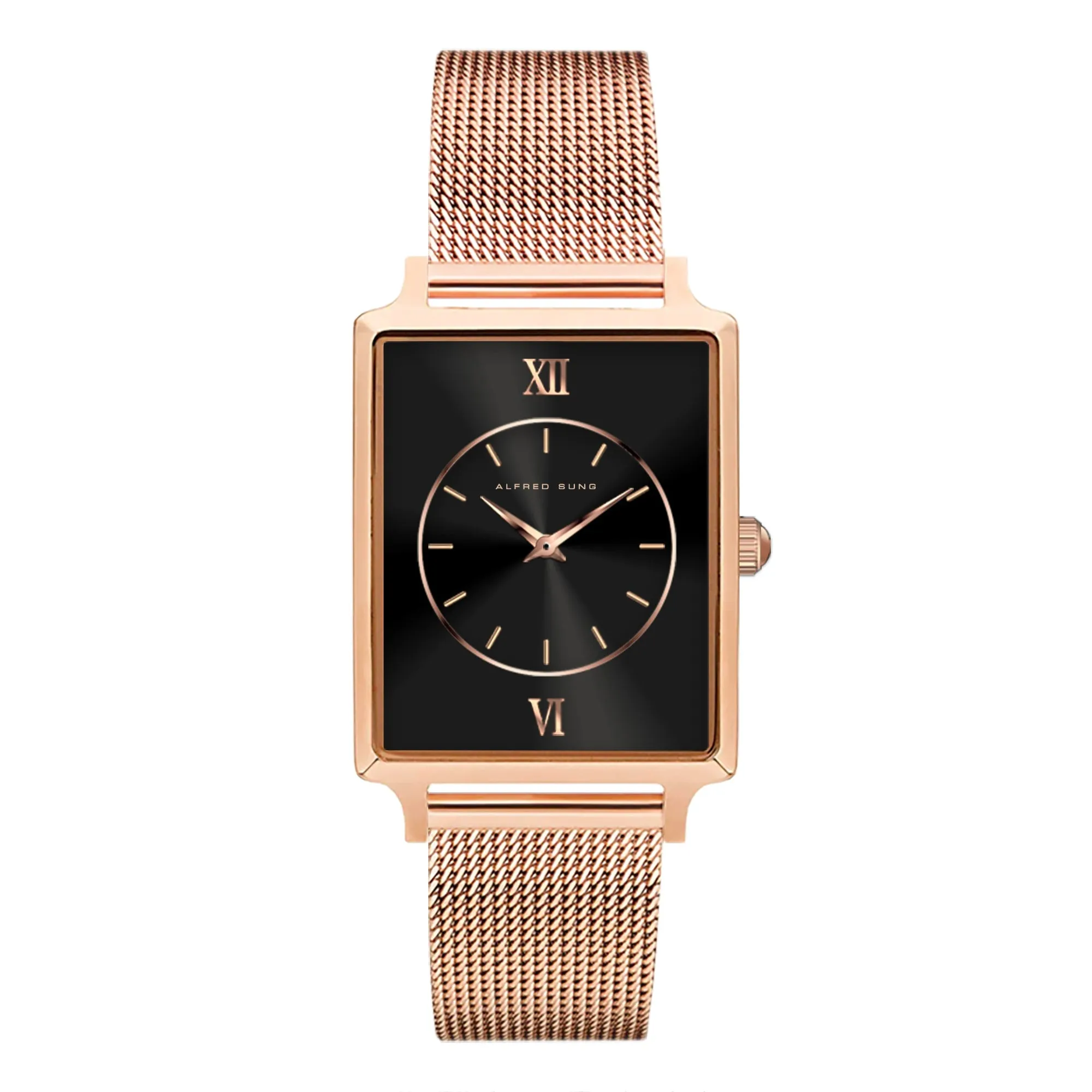 Alfred Sung Horizon Sunray Black Dial Rosegold Bracelet Ladies watch